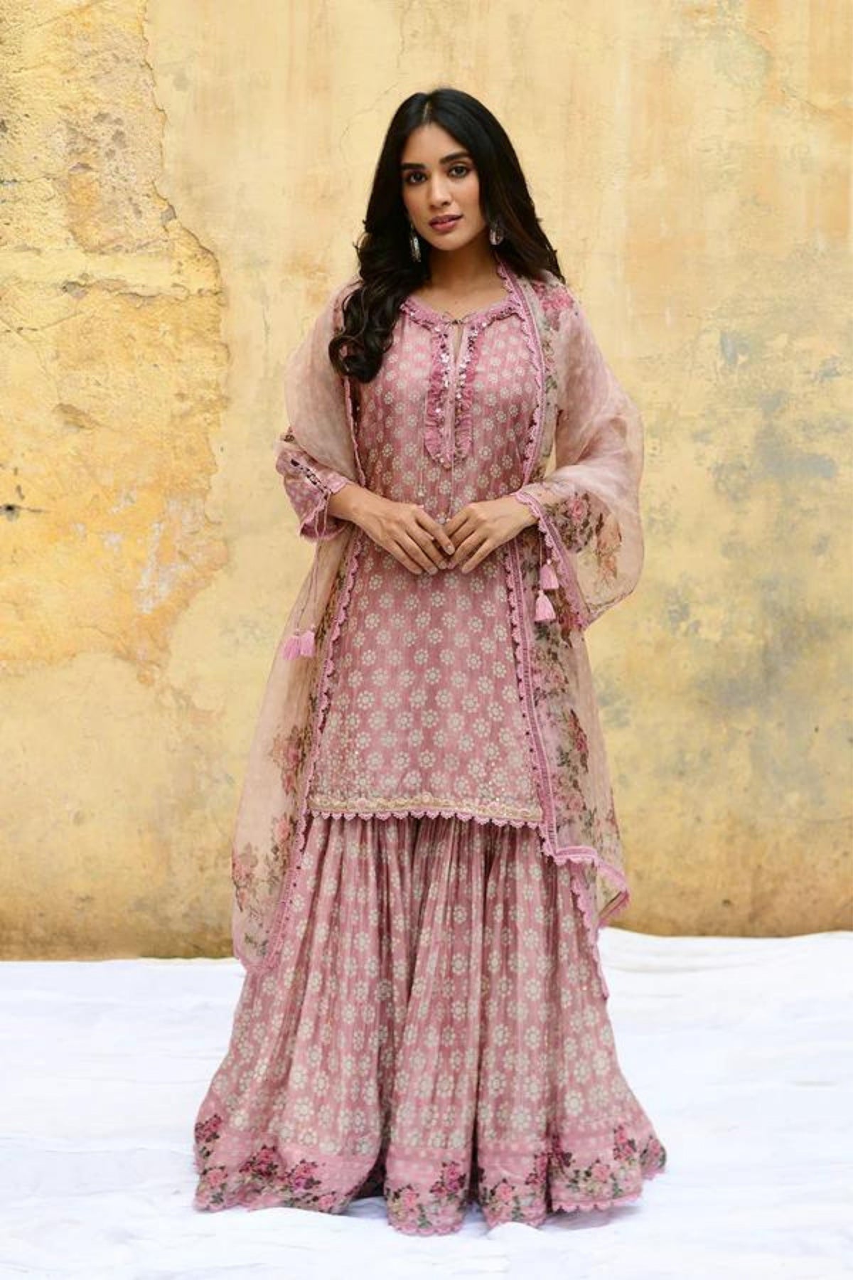 Pink Dotted Cascade Sharara Set