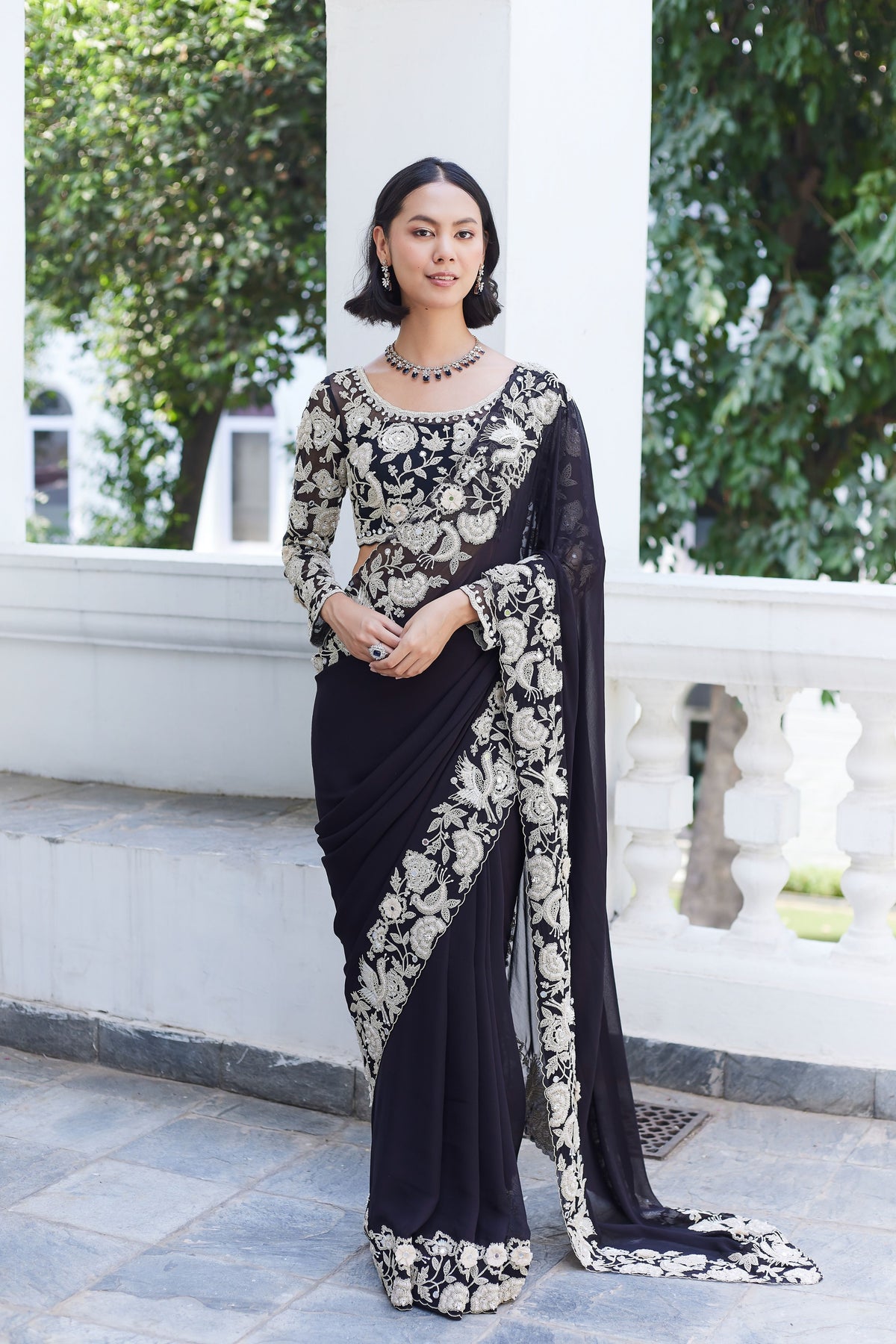 Black Garden Crane Saree