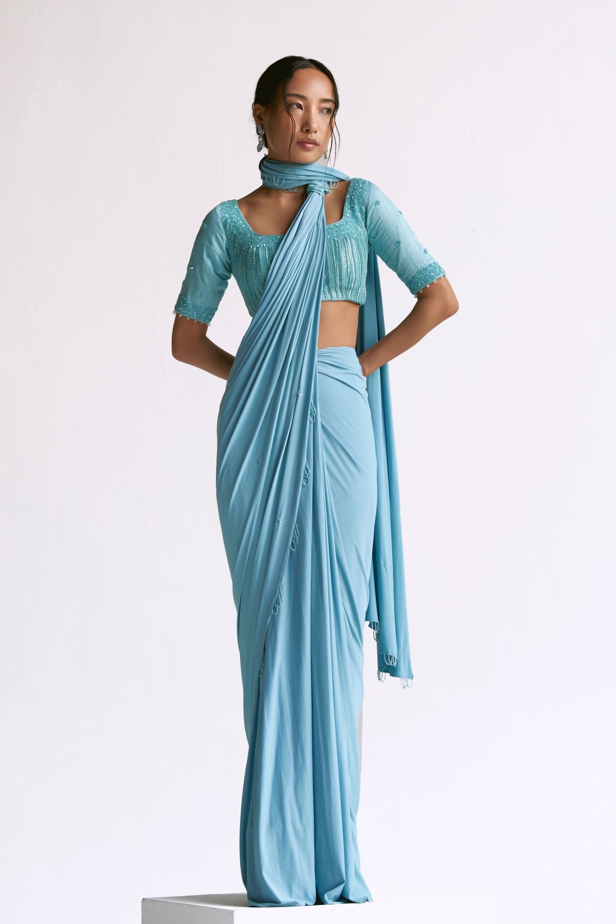 Skyblue Draped Saree Set