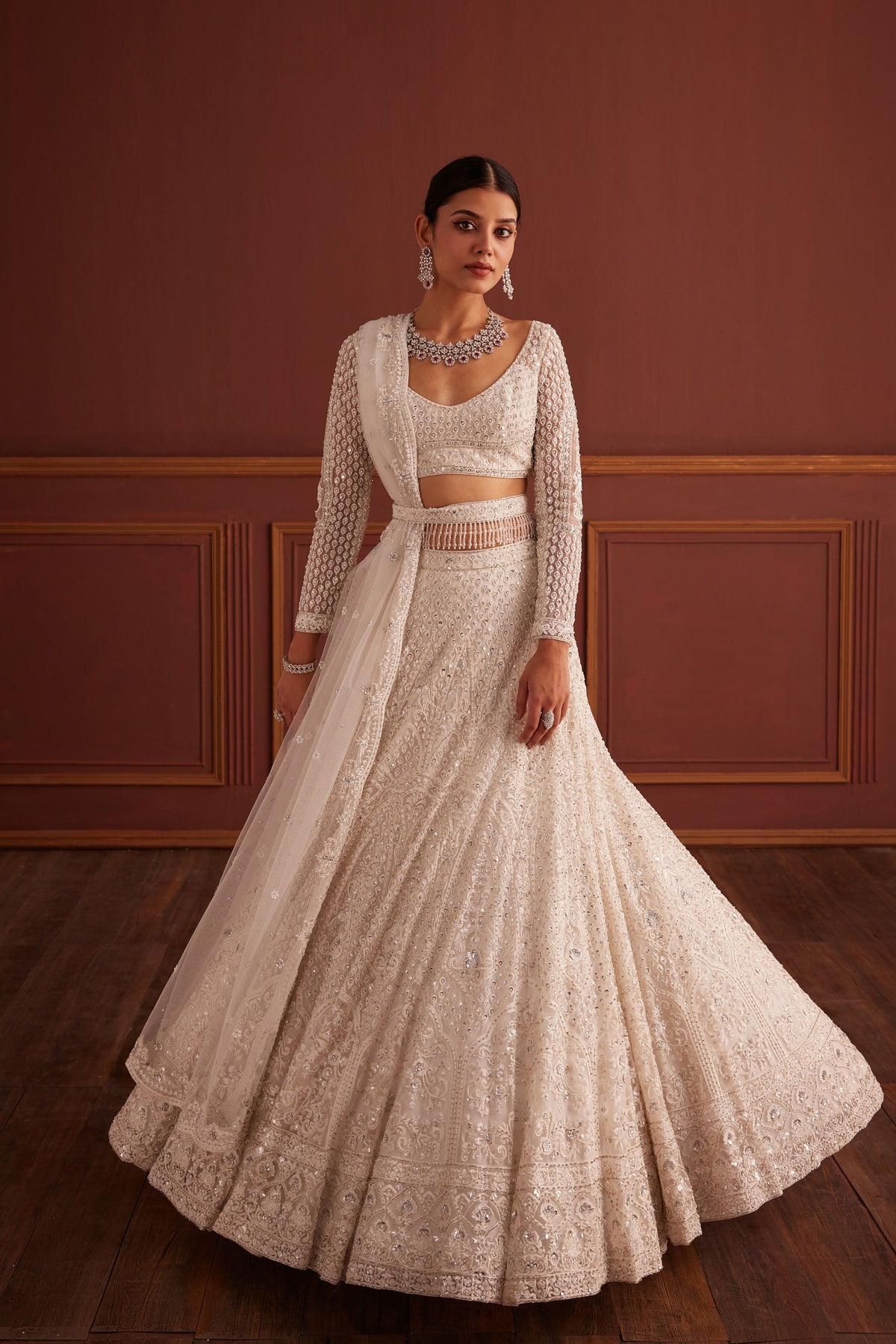 White Swarovski Embellished Lehenga