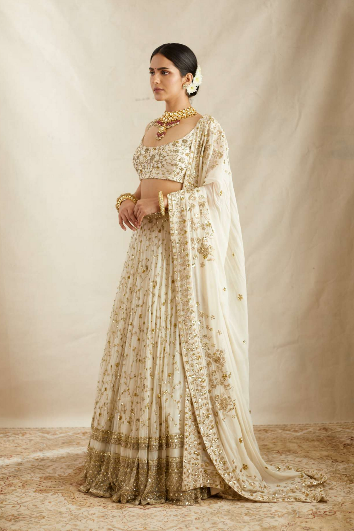 Off White Net Border Lehenga Set