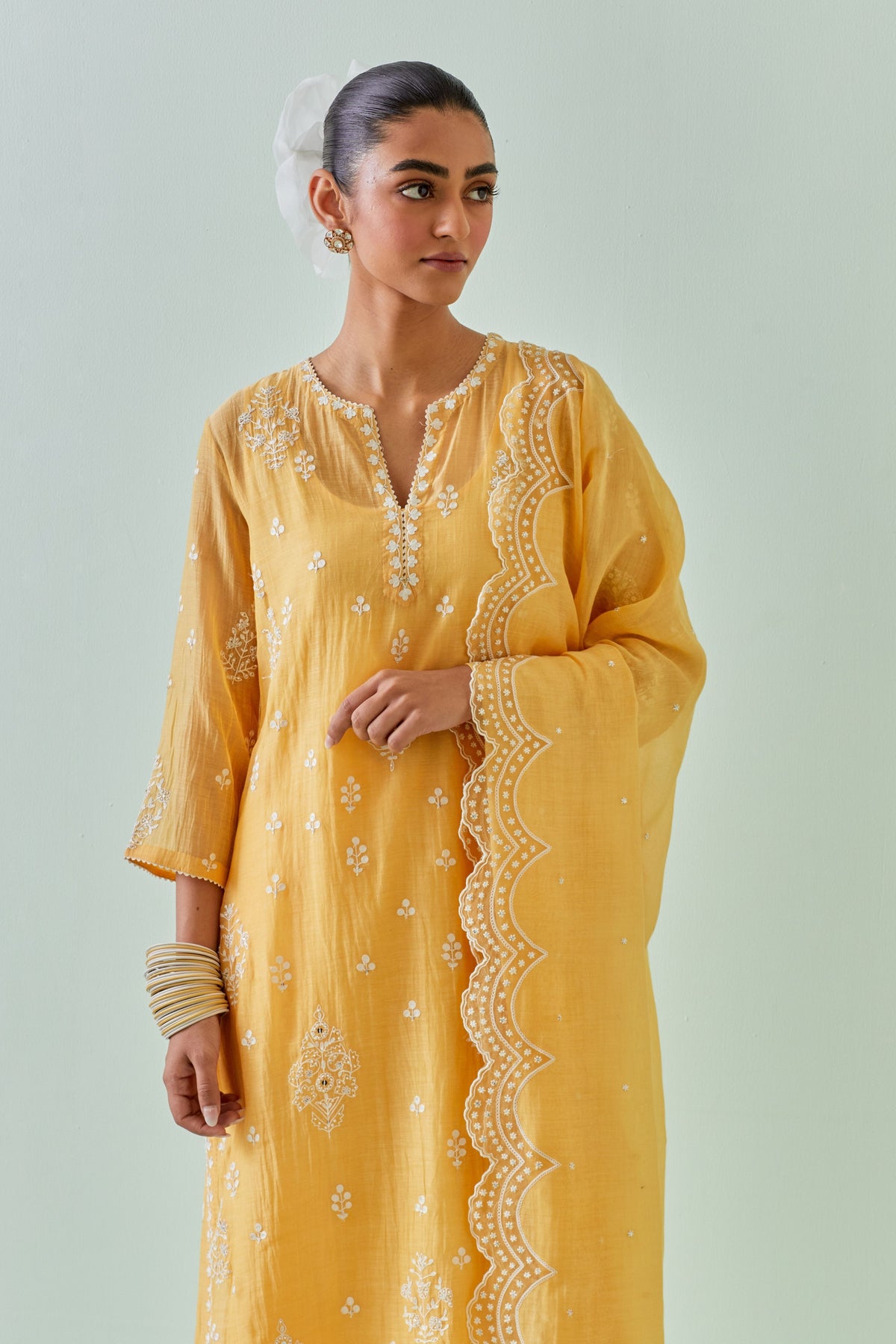 Yellow Scalloped Embroidery Kurta Set