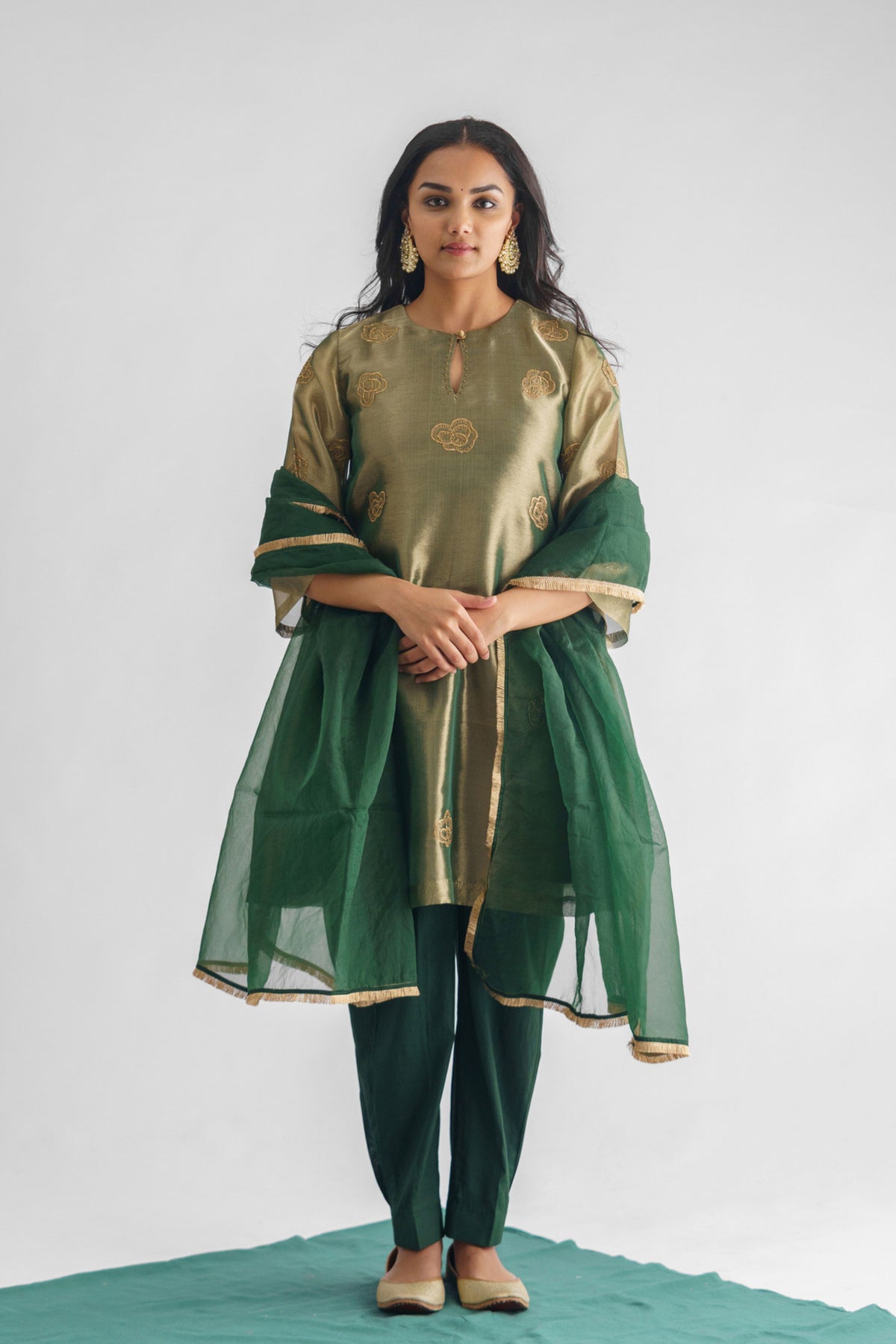 Green Floral Tissue Kurta Set