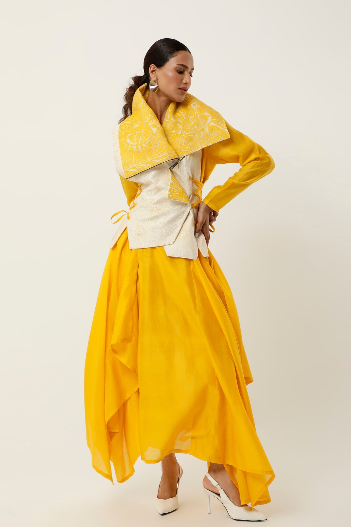 Yellow Drapped Collar Jacket Set