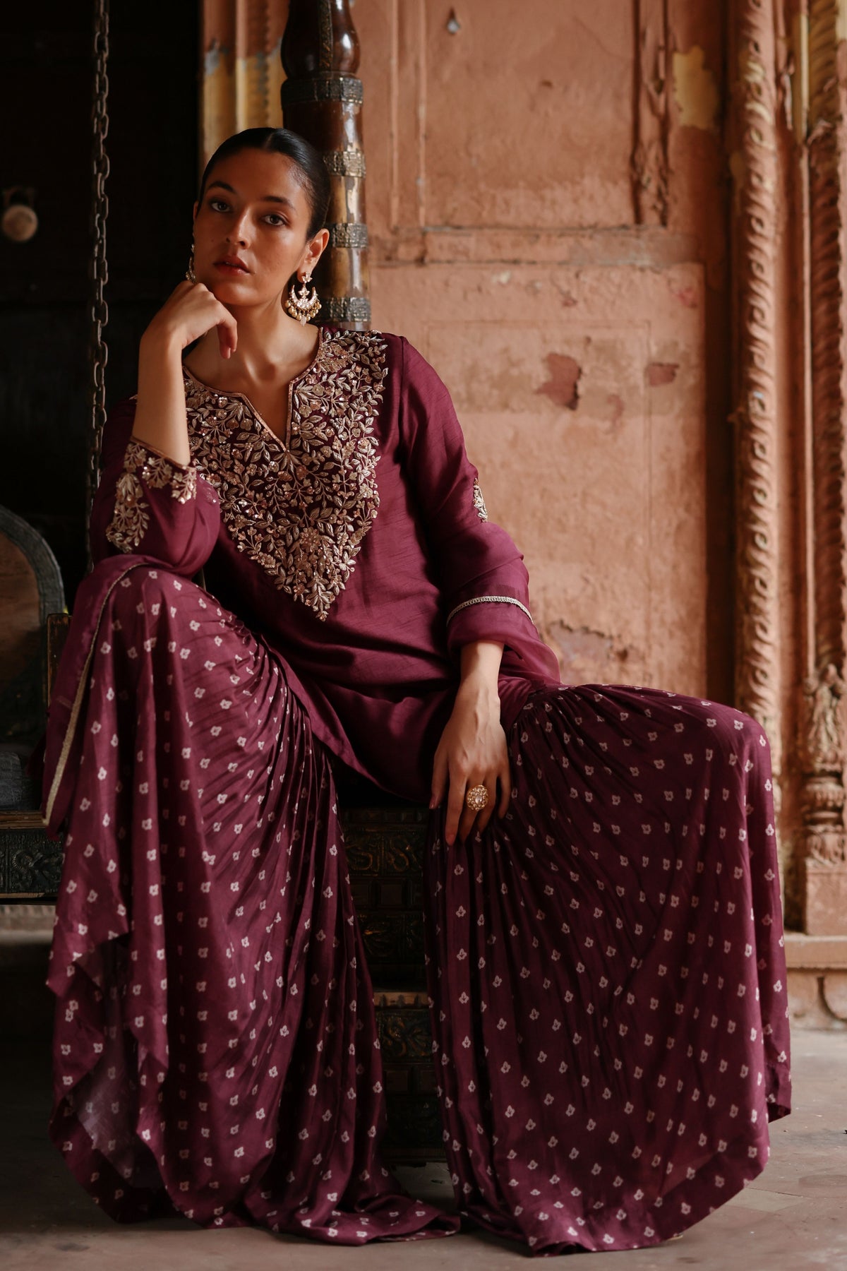 Wine Embroidered Sharara Set