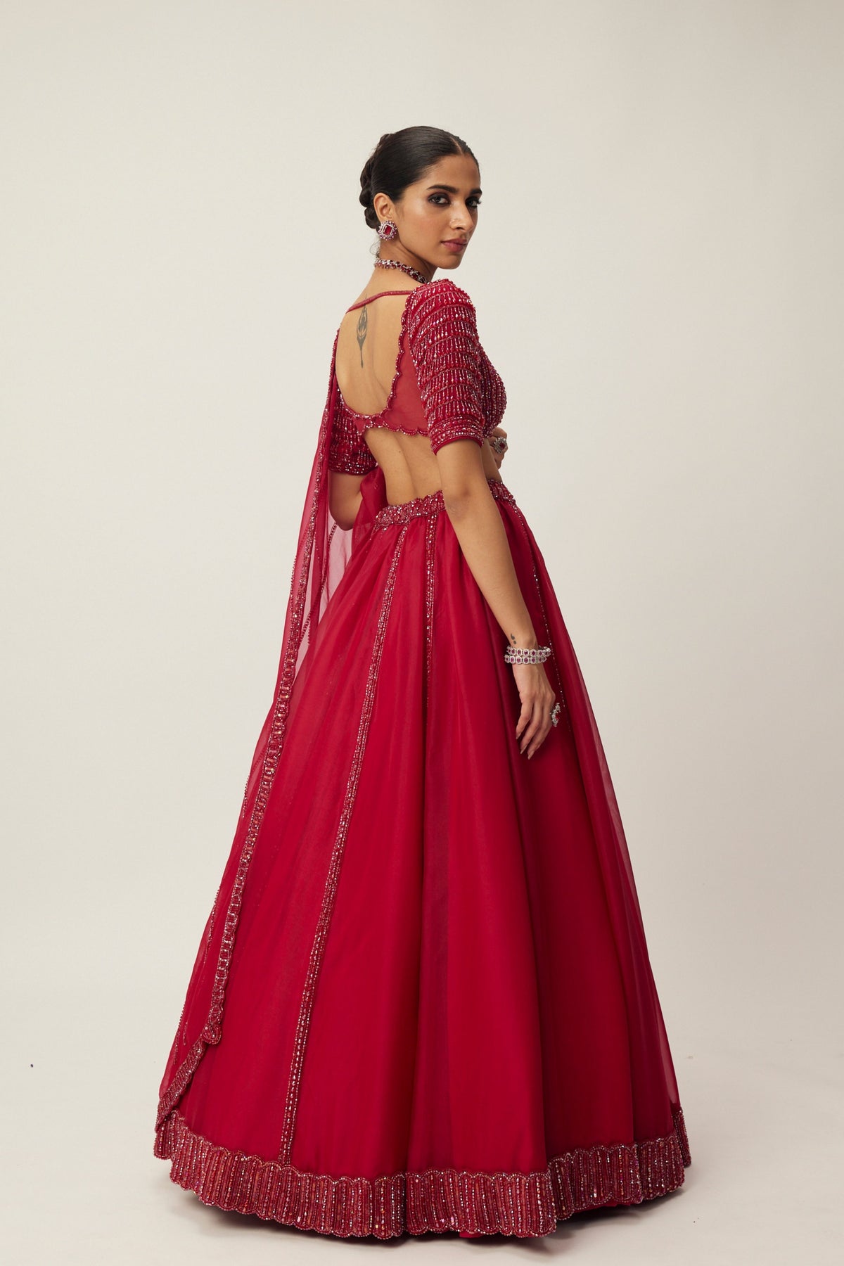 Ruby Red Organza Lehenga Set