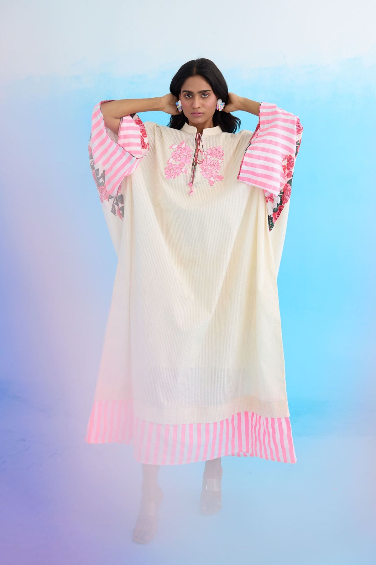 Cream Crouching Applique Kaftan Dress