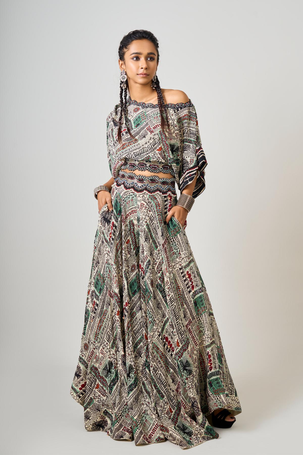 Off-white Printed Embroidered Lehenga Set