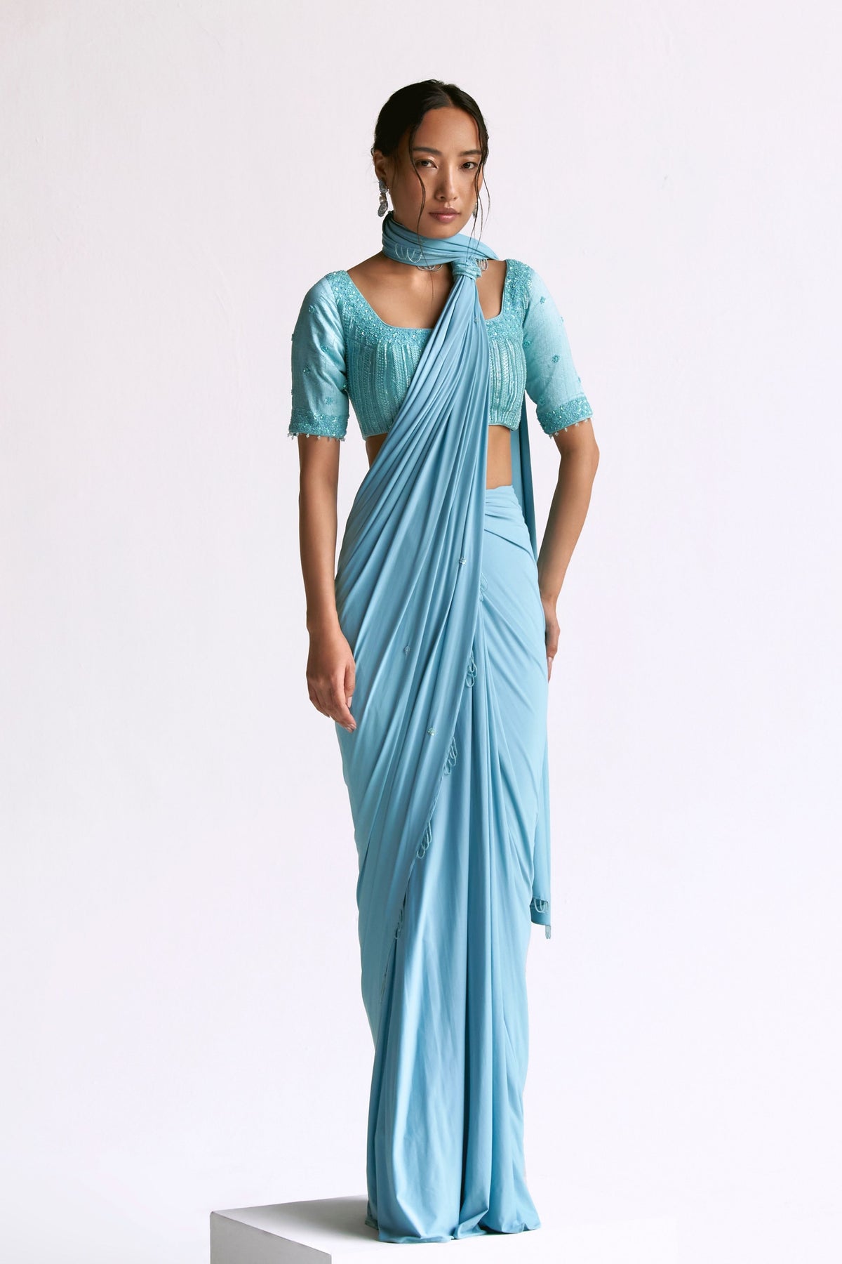 Skyblue Draped Saree Set