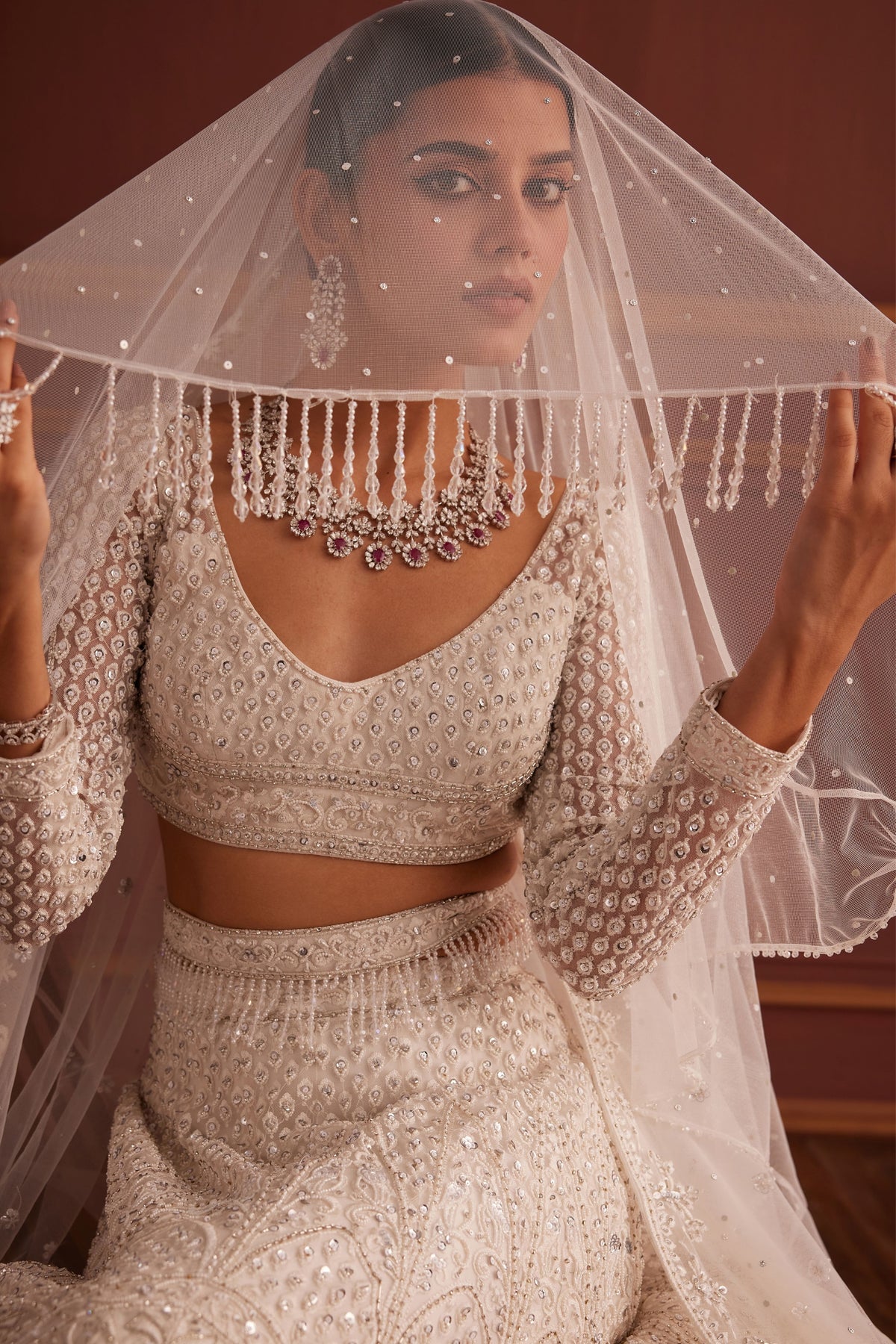 White Swarovski Embellished Lehenga