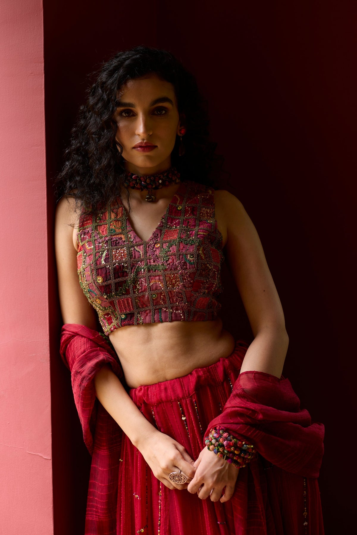 Red Textured Lehenga Set