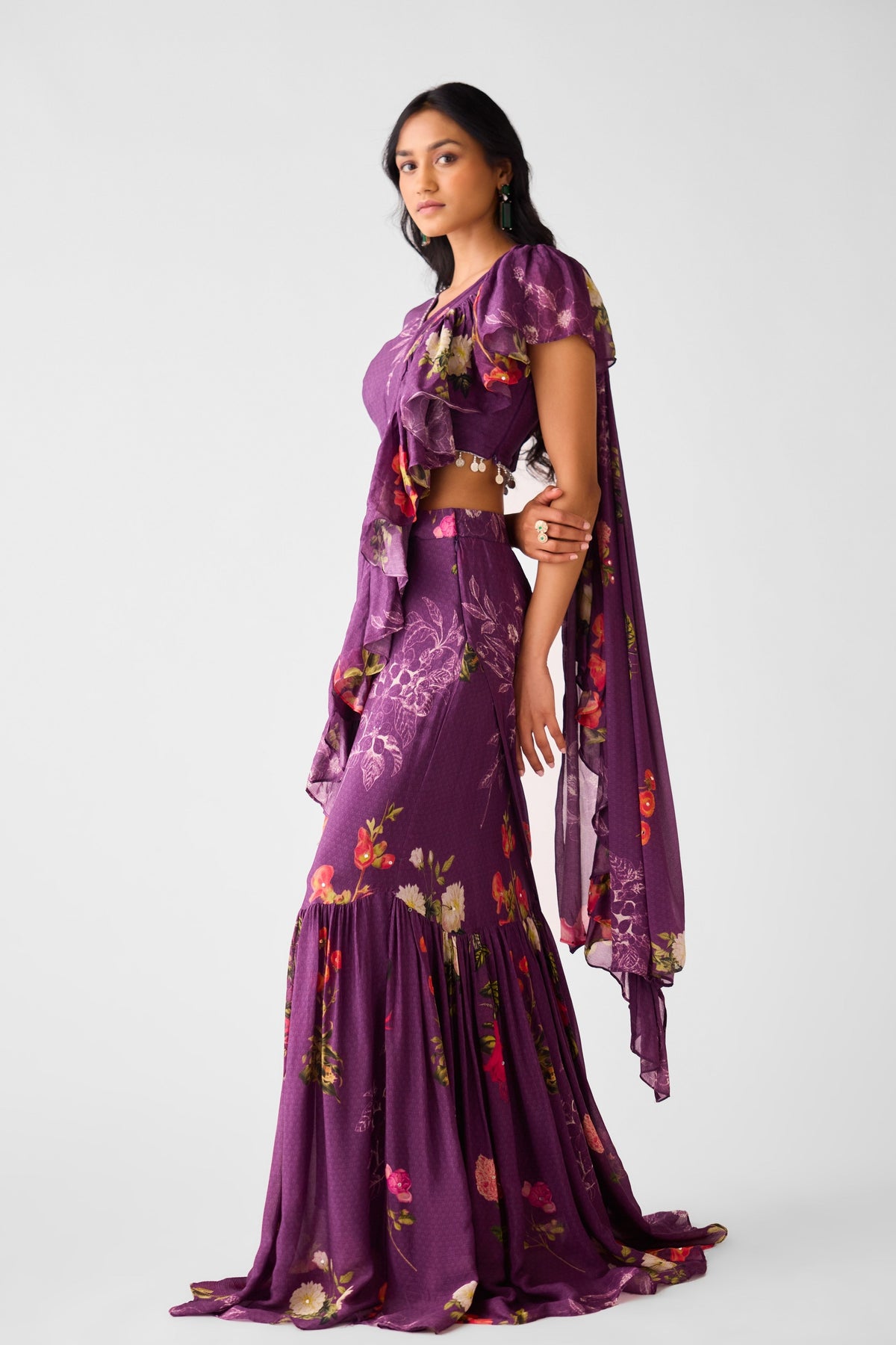 Purple Embroidered Floral Saree Set