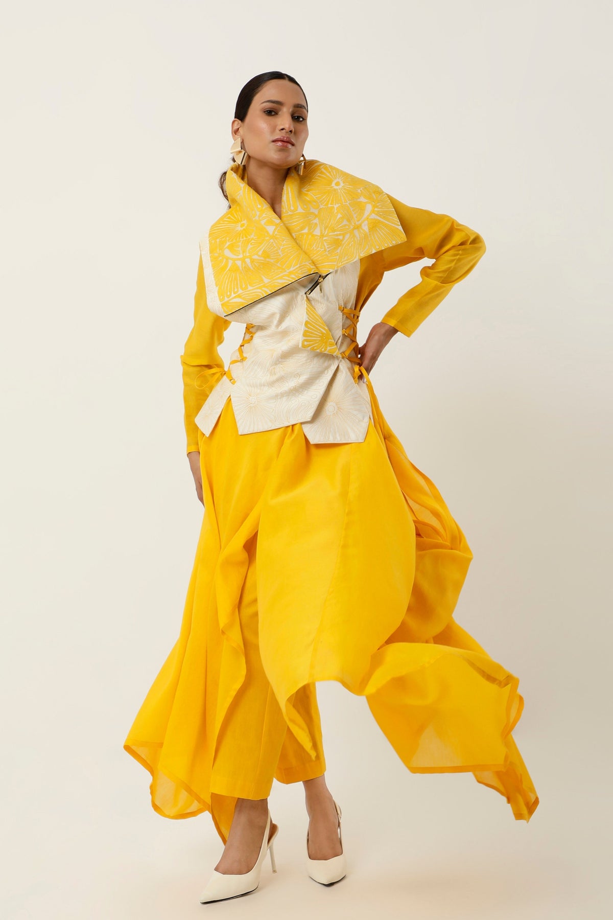 Yellow Drapped Collar Jacket Set