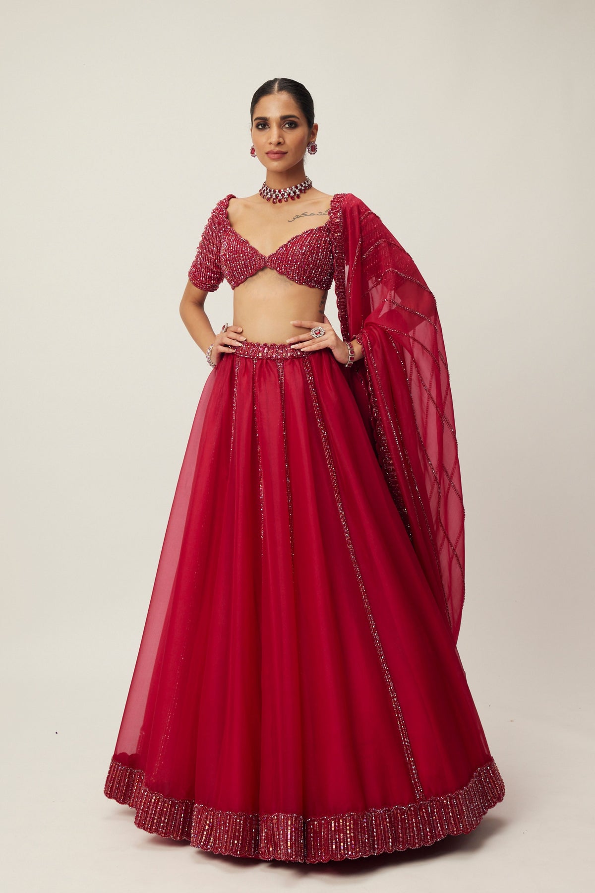 Ruby Red Organza Lehenga Set