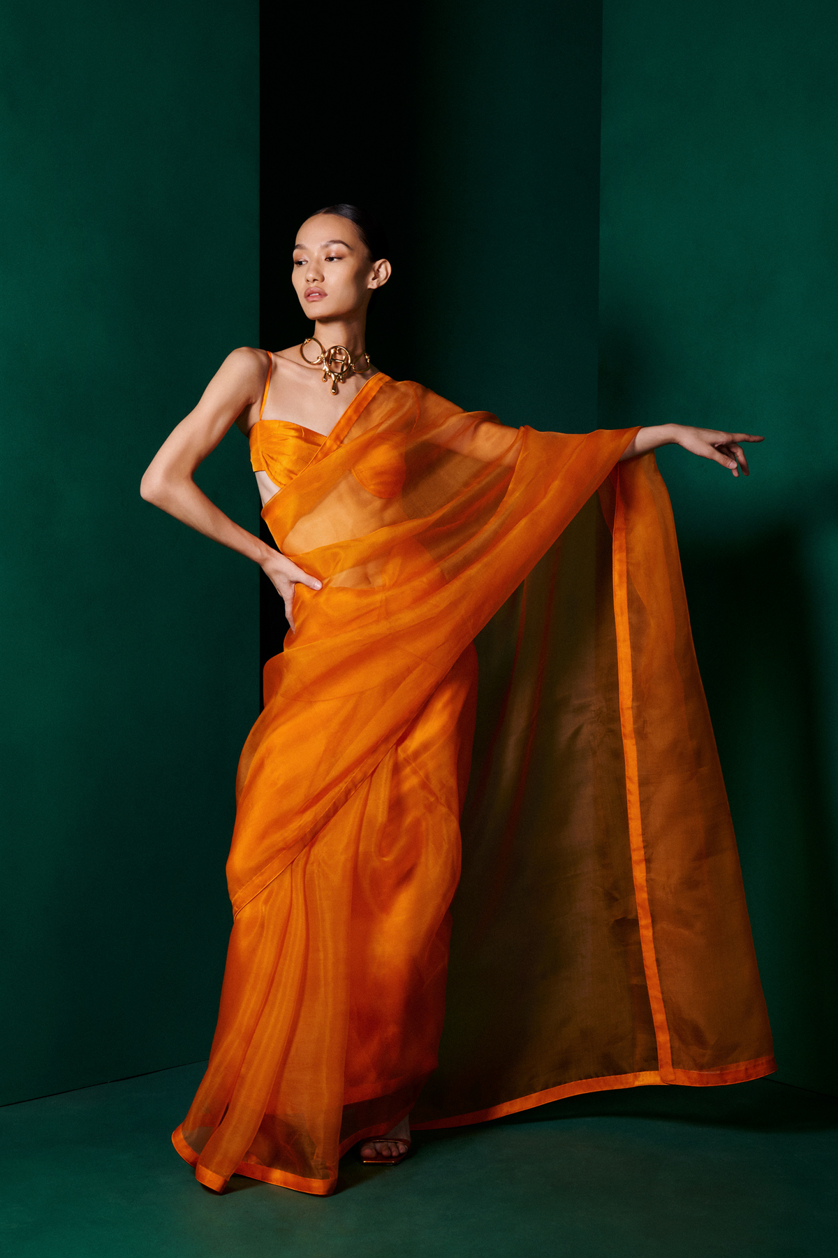 Handwoven Tangerine Orange Organza Sari