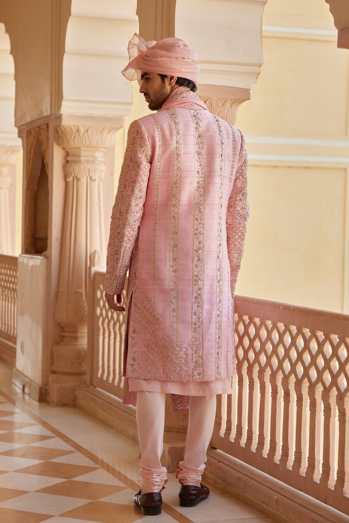 Flamingo Pink Embroidered Sherwani Set