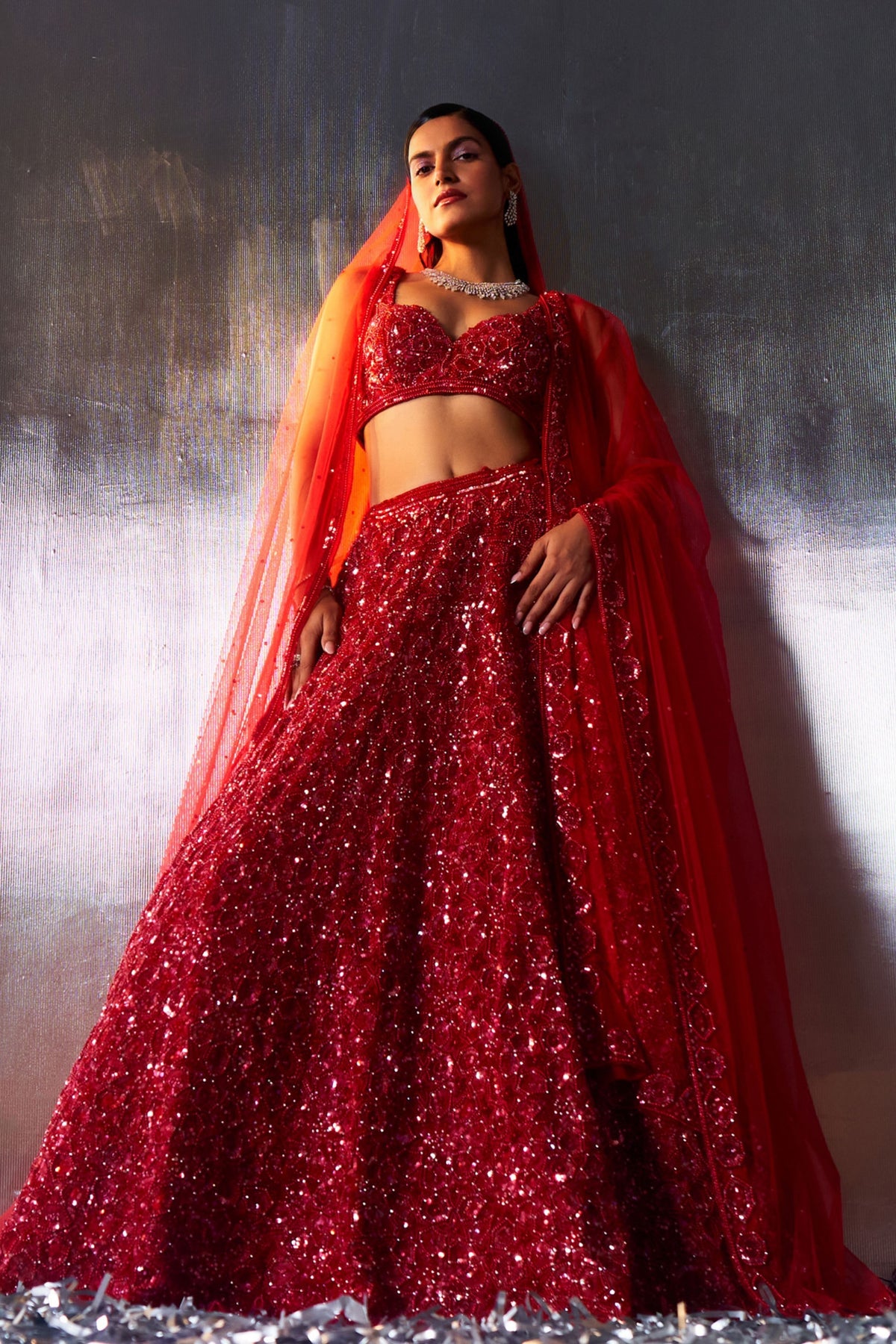 Red Net Crystals Lehenga Set