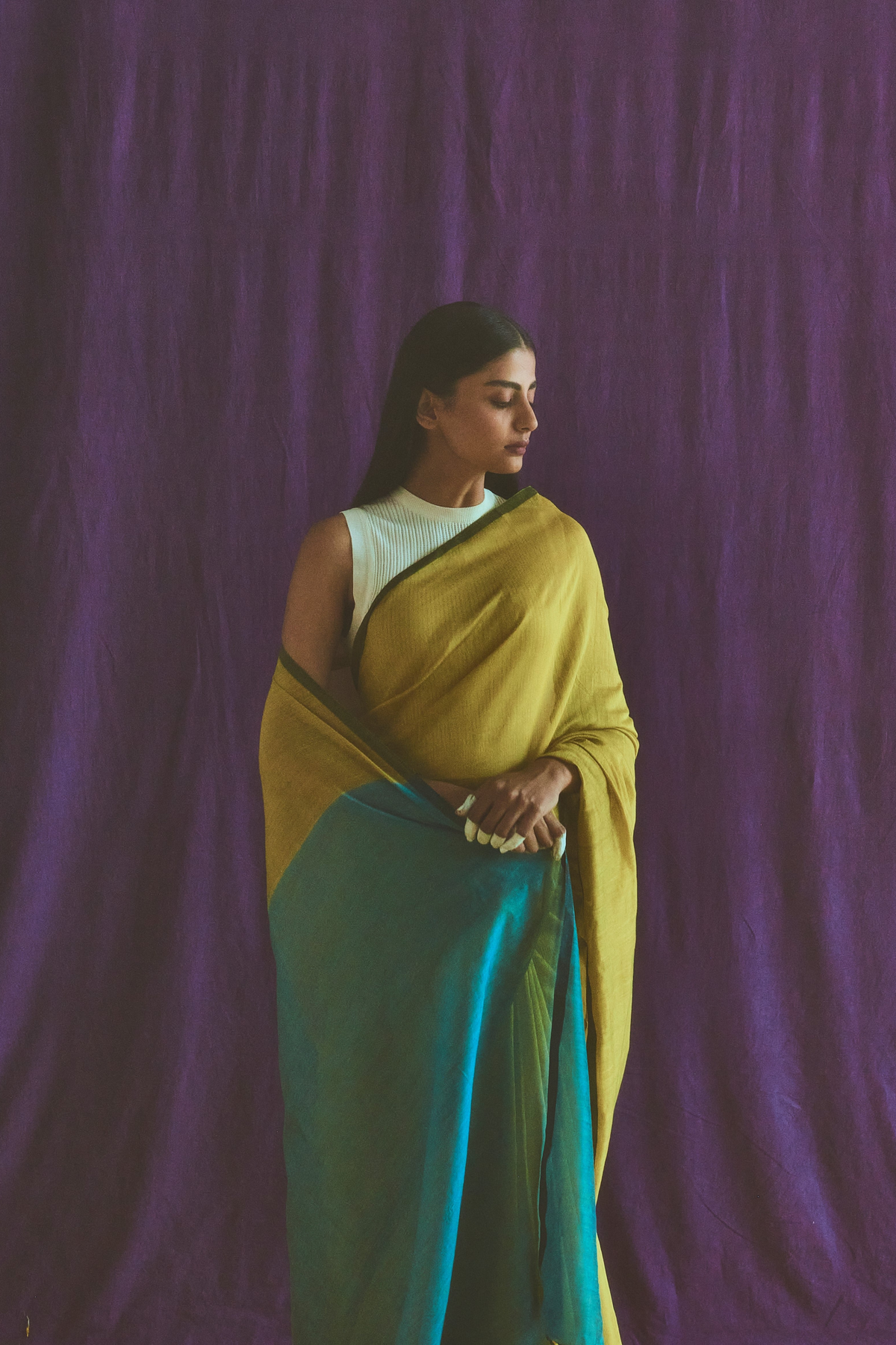 Yellow And Blue Cotton Silk Saree