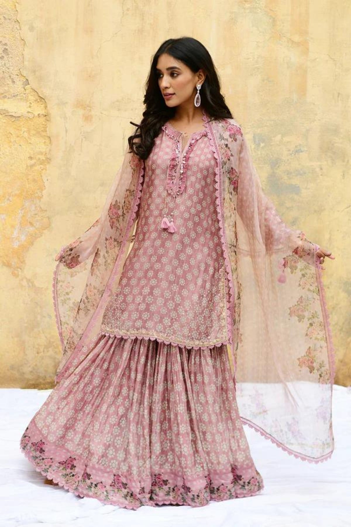 Pink Dotted Cascade Sharara Set