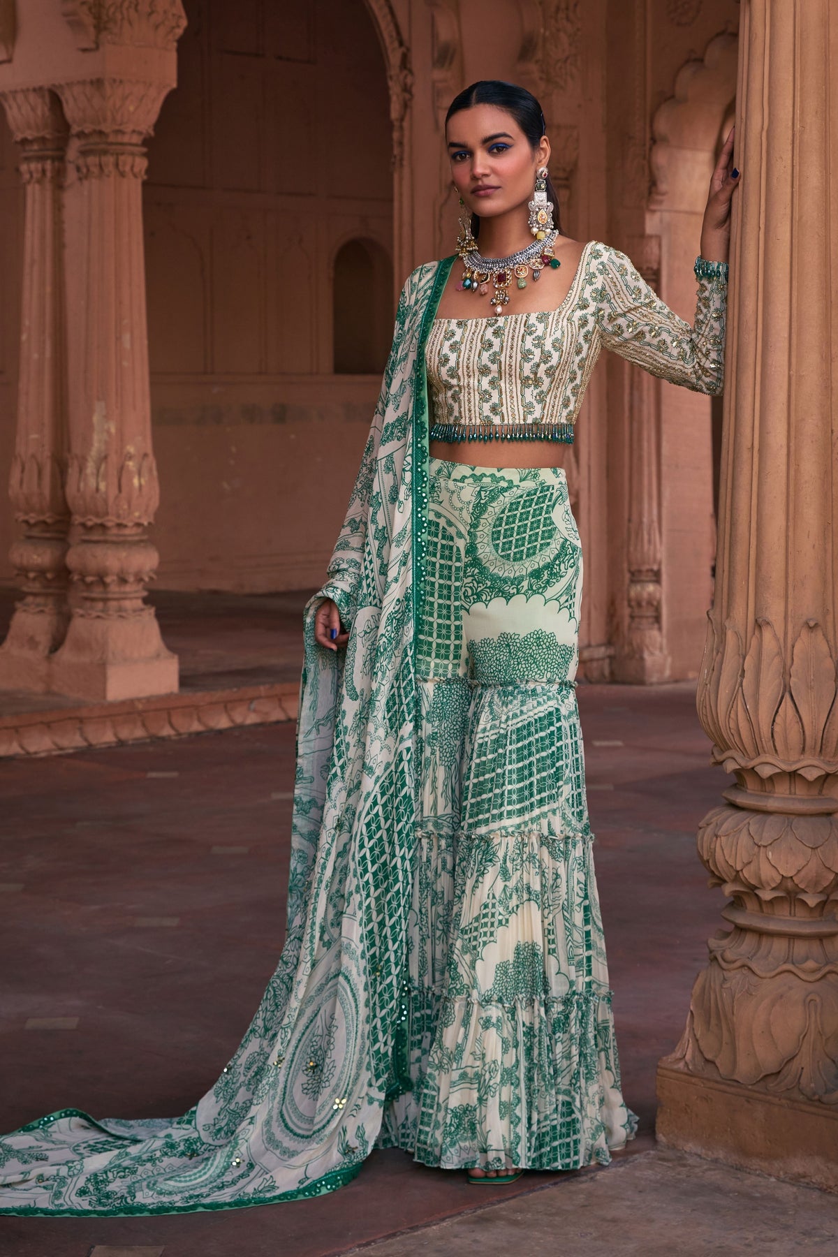 Green Embroidered Gharara Set