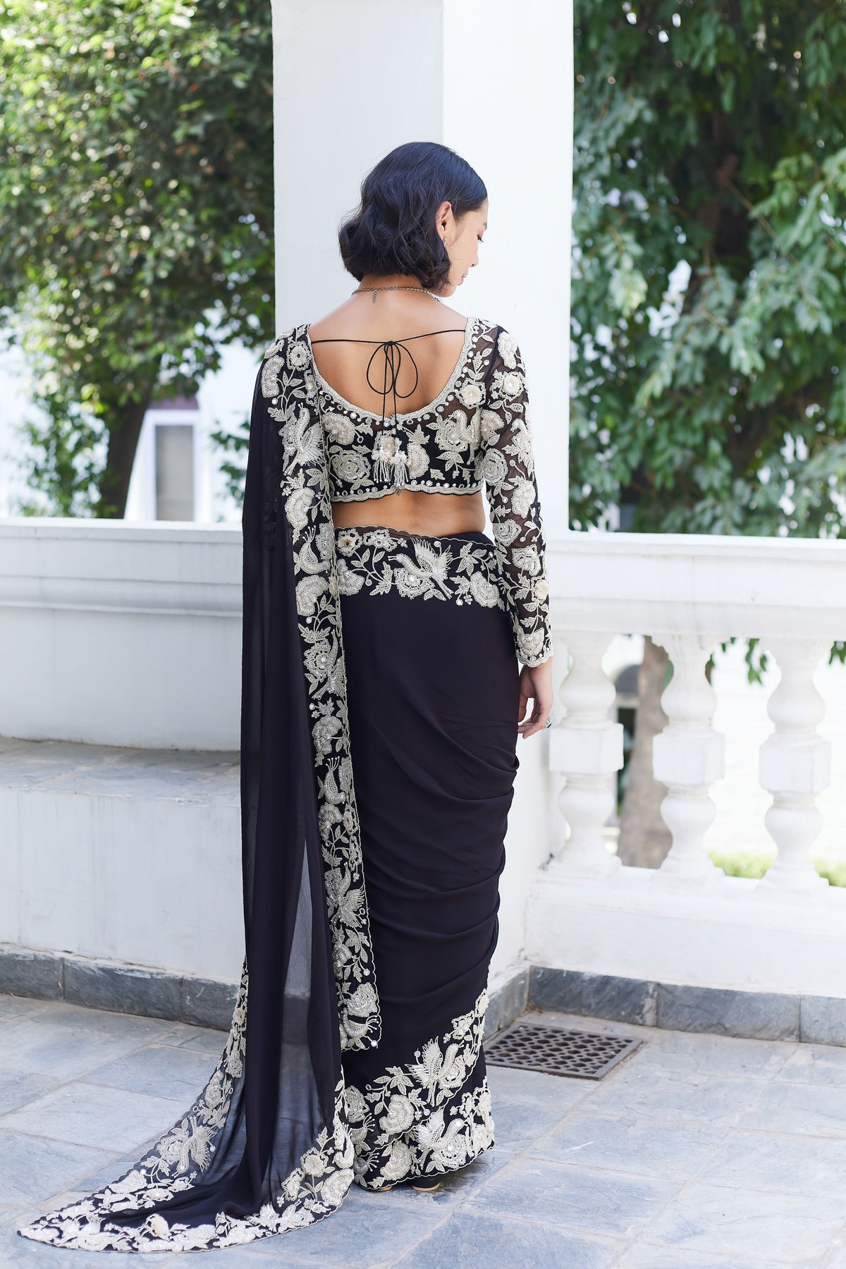 Black Garden Crane Saree