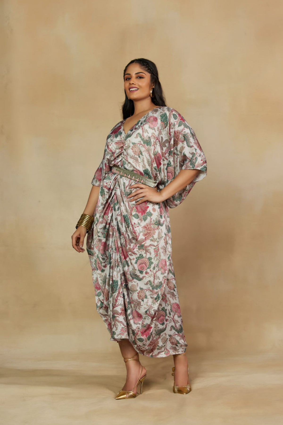 V Neck Kaftan Dress with Belt