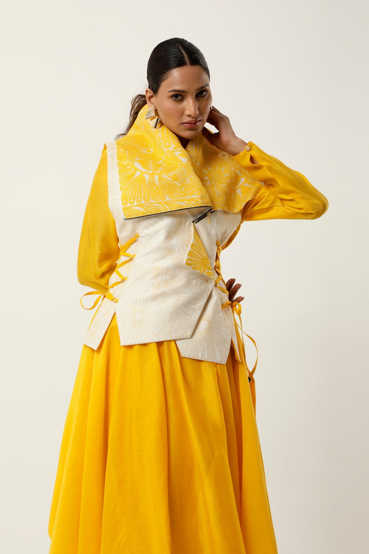 Yellow Drapped Collar Jacket Set