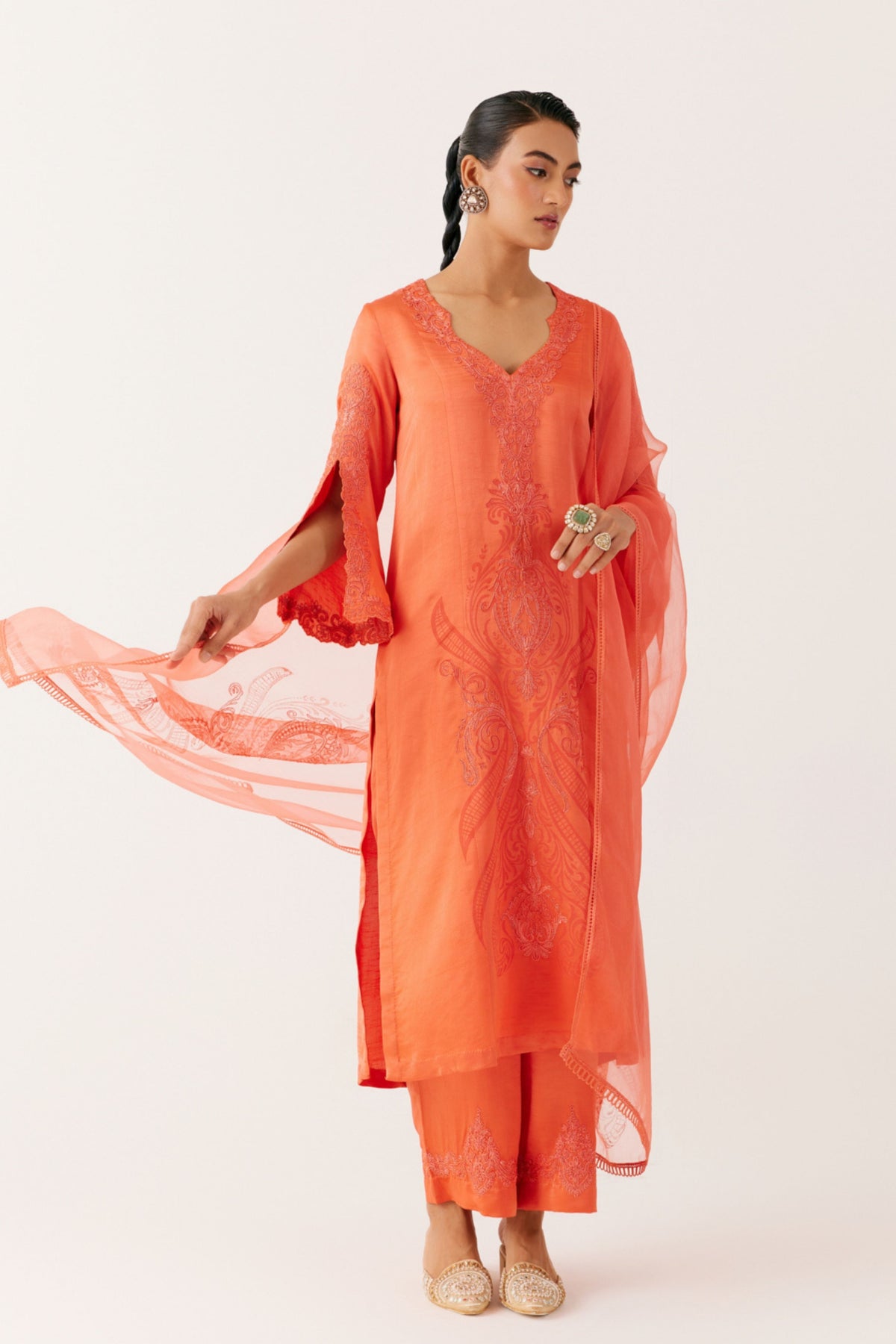 Orange Dori Embroidered Kurta Set