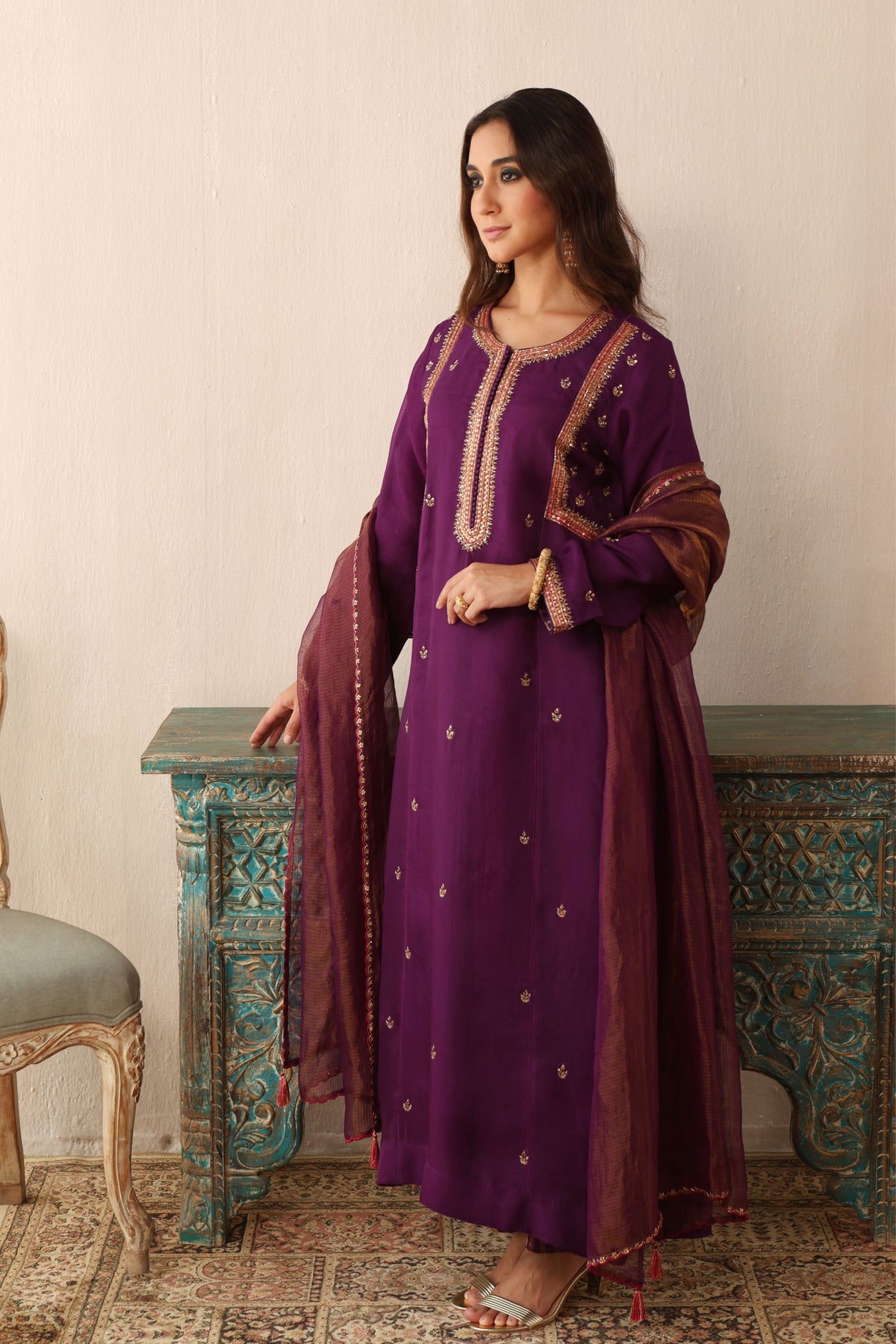 Purple Hand Embroidered Kurta Set