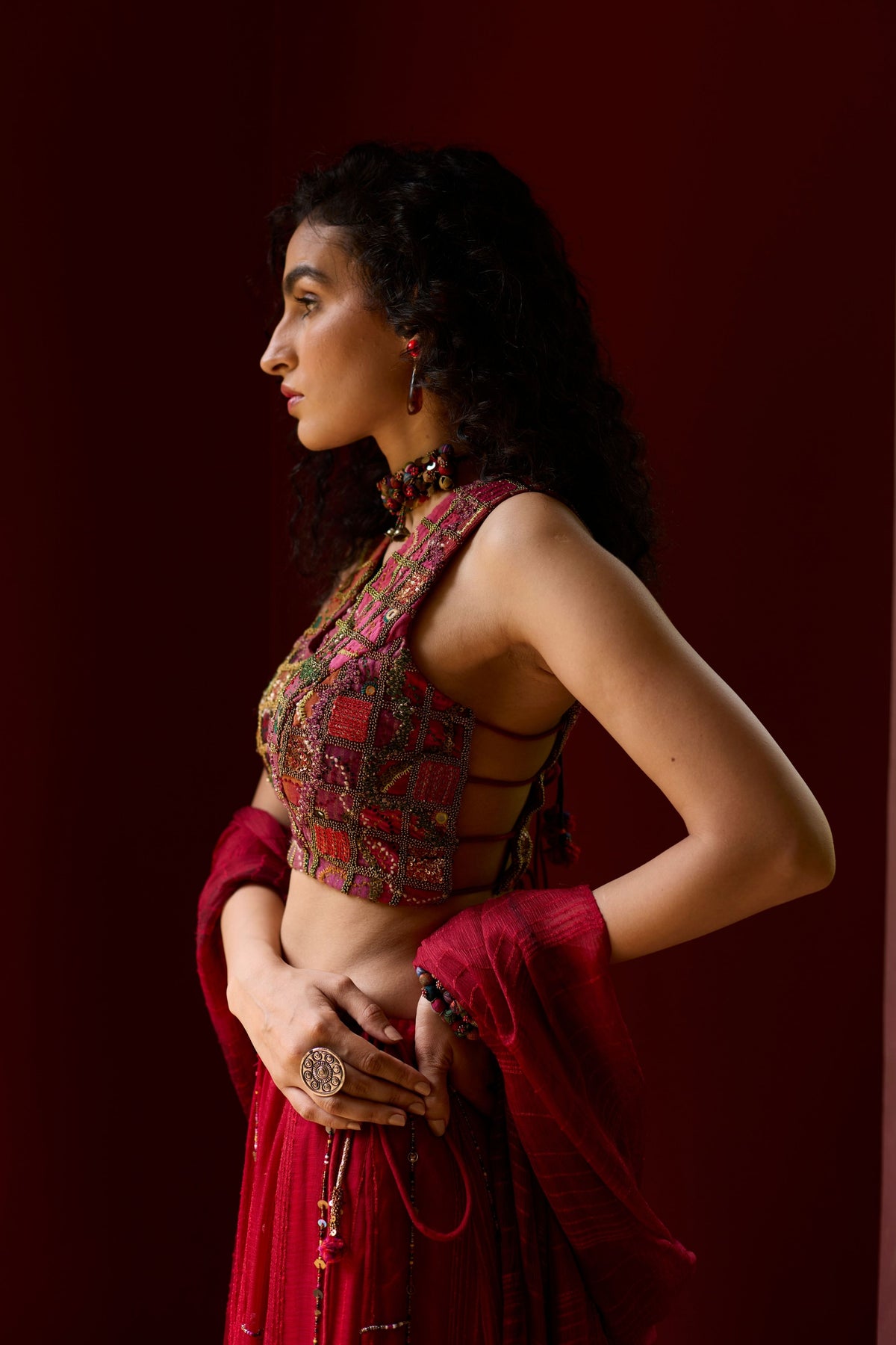 Red Textured Lehenga Set