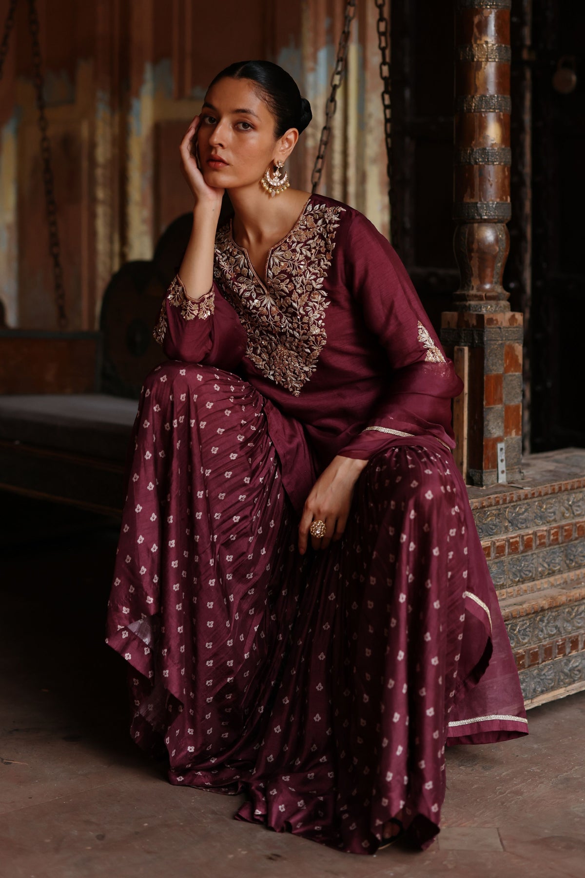 Wine Embroidered Sharara Set