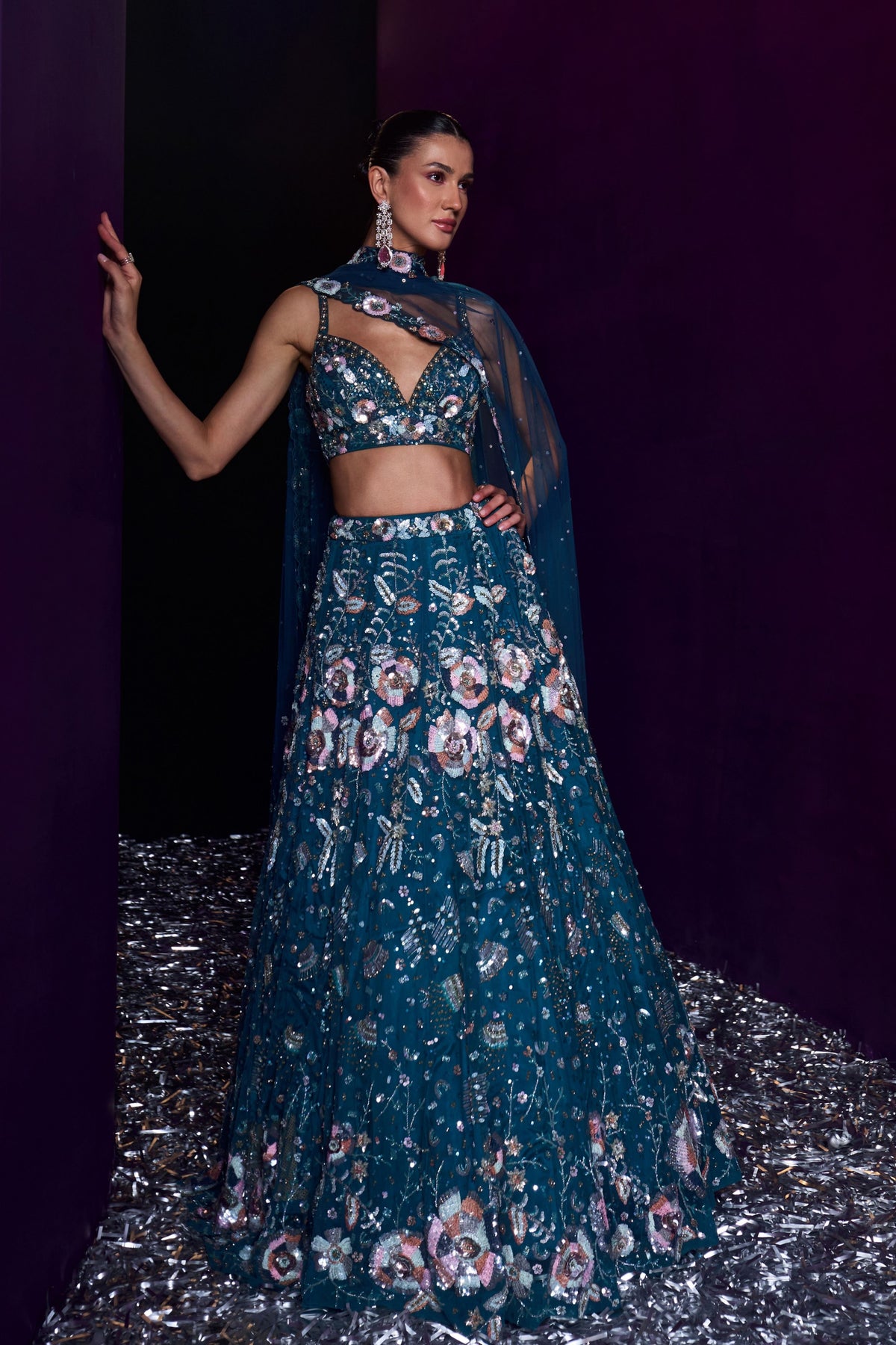 Peacock Blue Sequins Lehenga Set