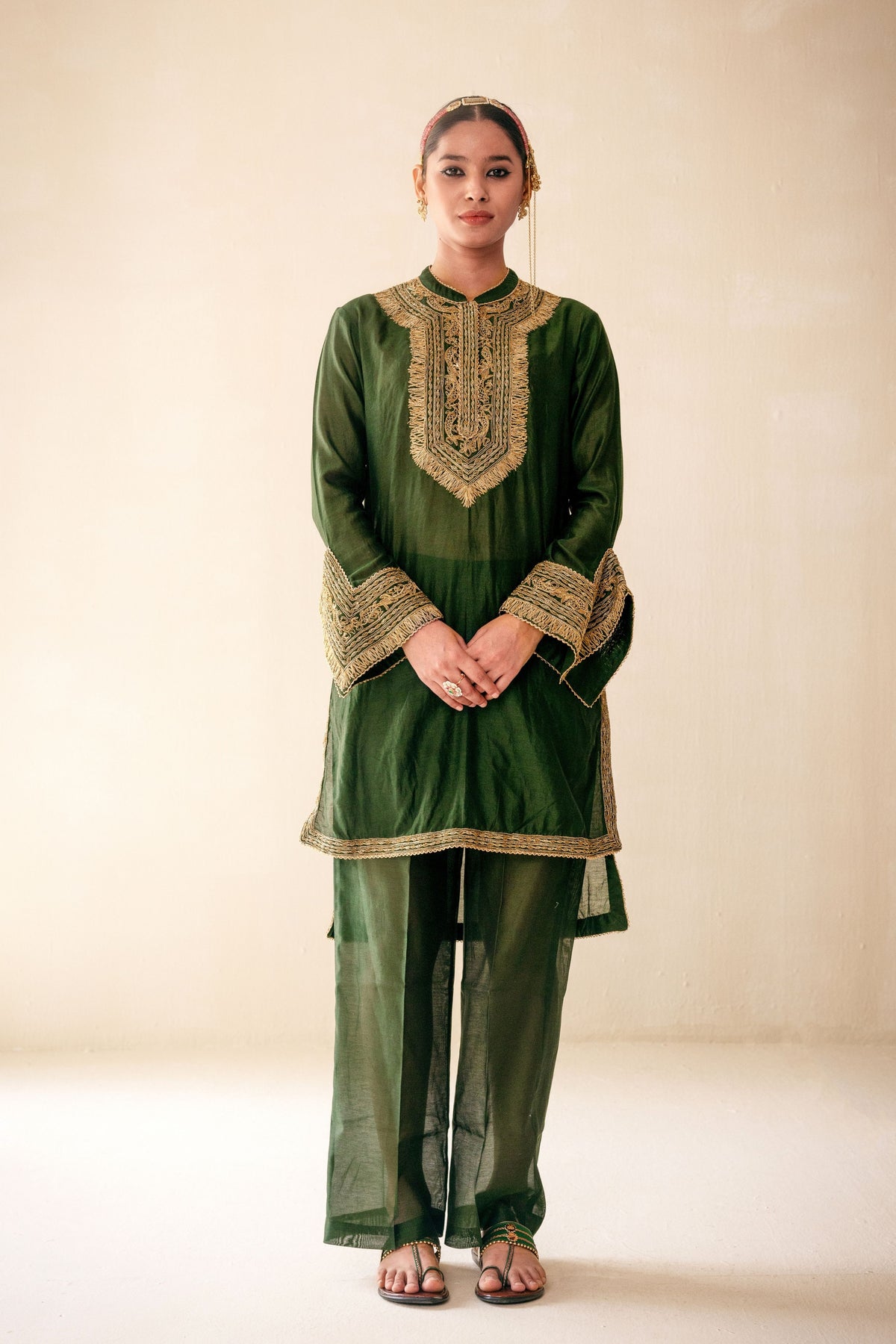 Green High Low Kurta Set