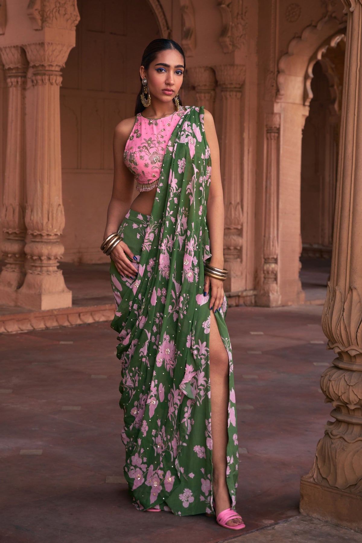 Blush Pink Draped Saree Set