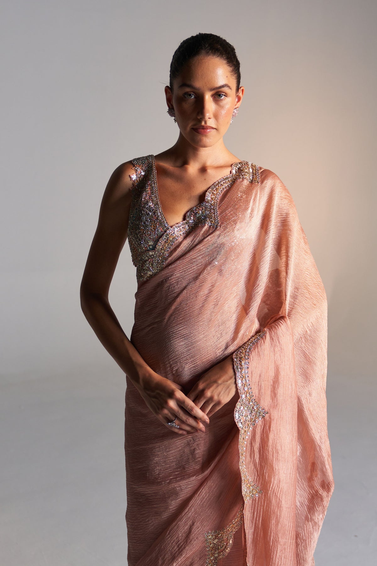 Salmon Peach Tissue Saree Set