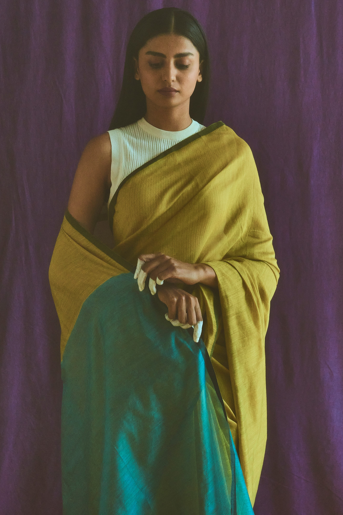 Yellow And Blue Cotton Silk Saree