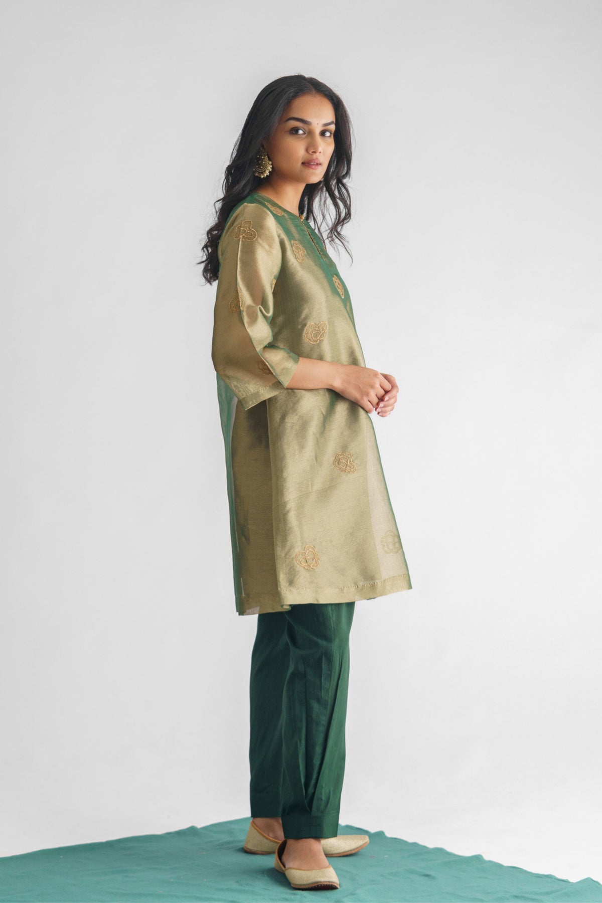 Green Floral Tissue Kurta Set