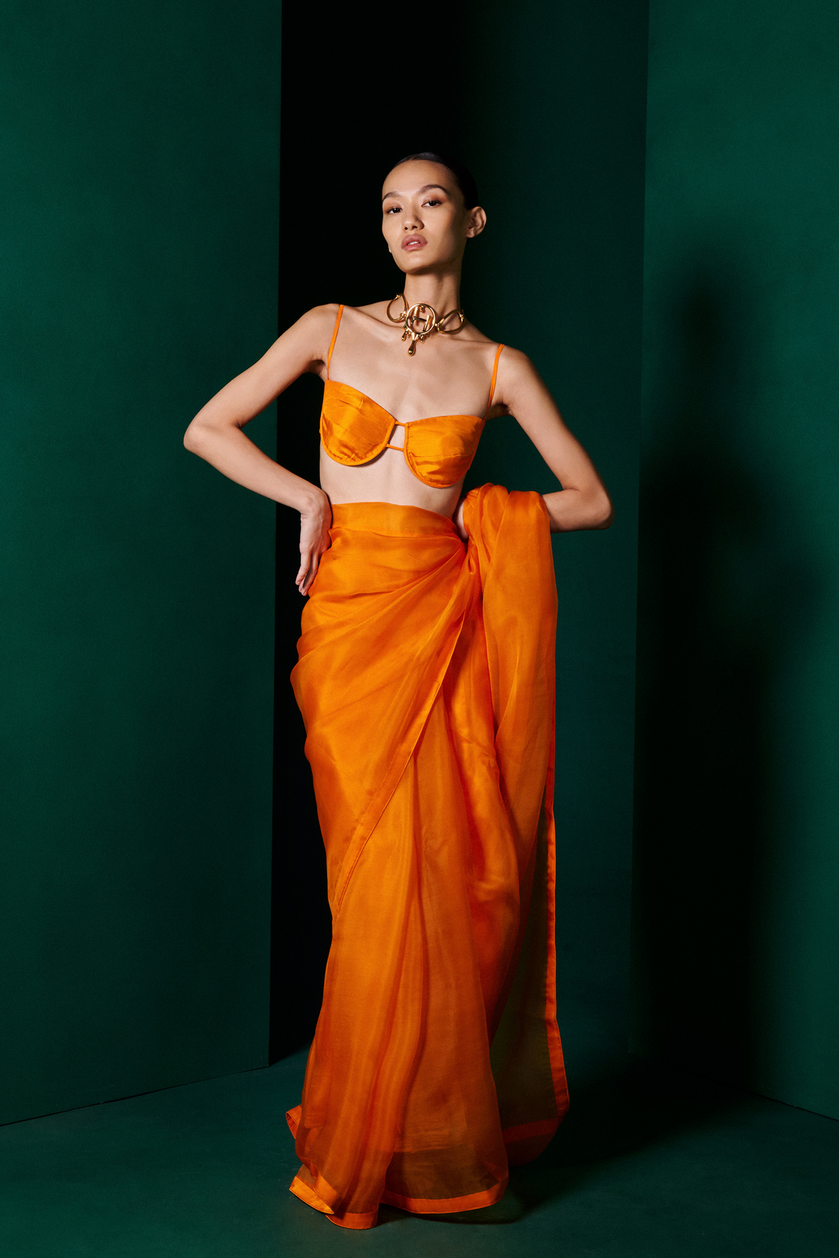 Handwoven Tangerine Orange Organza Sari