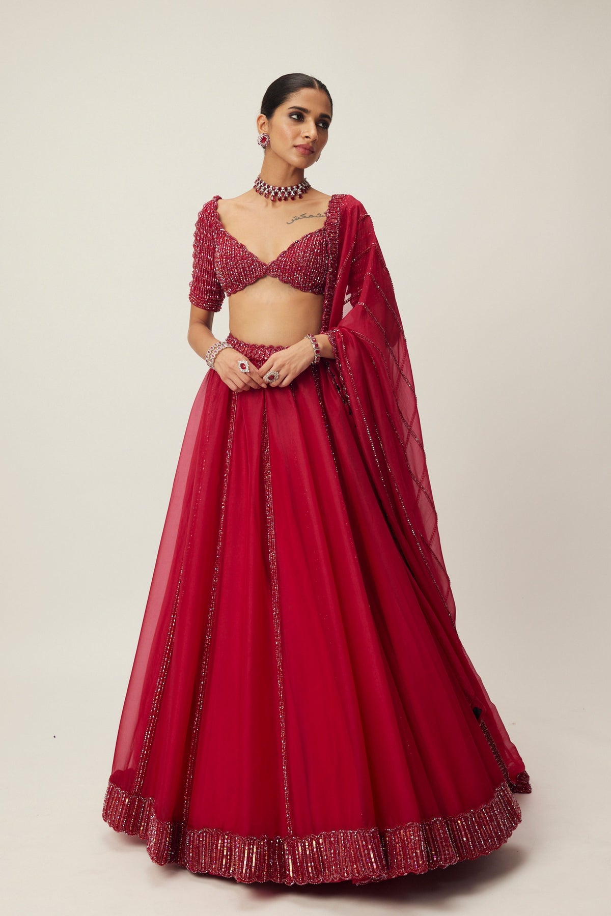 Ruby Red Organza Lehenga Set