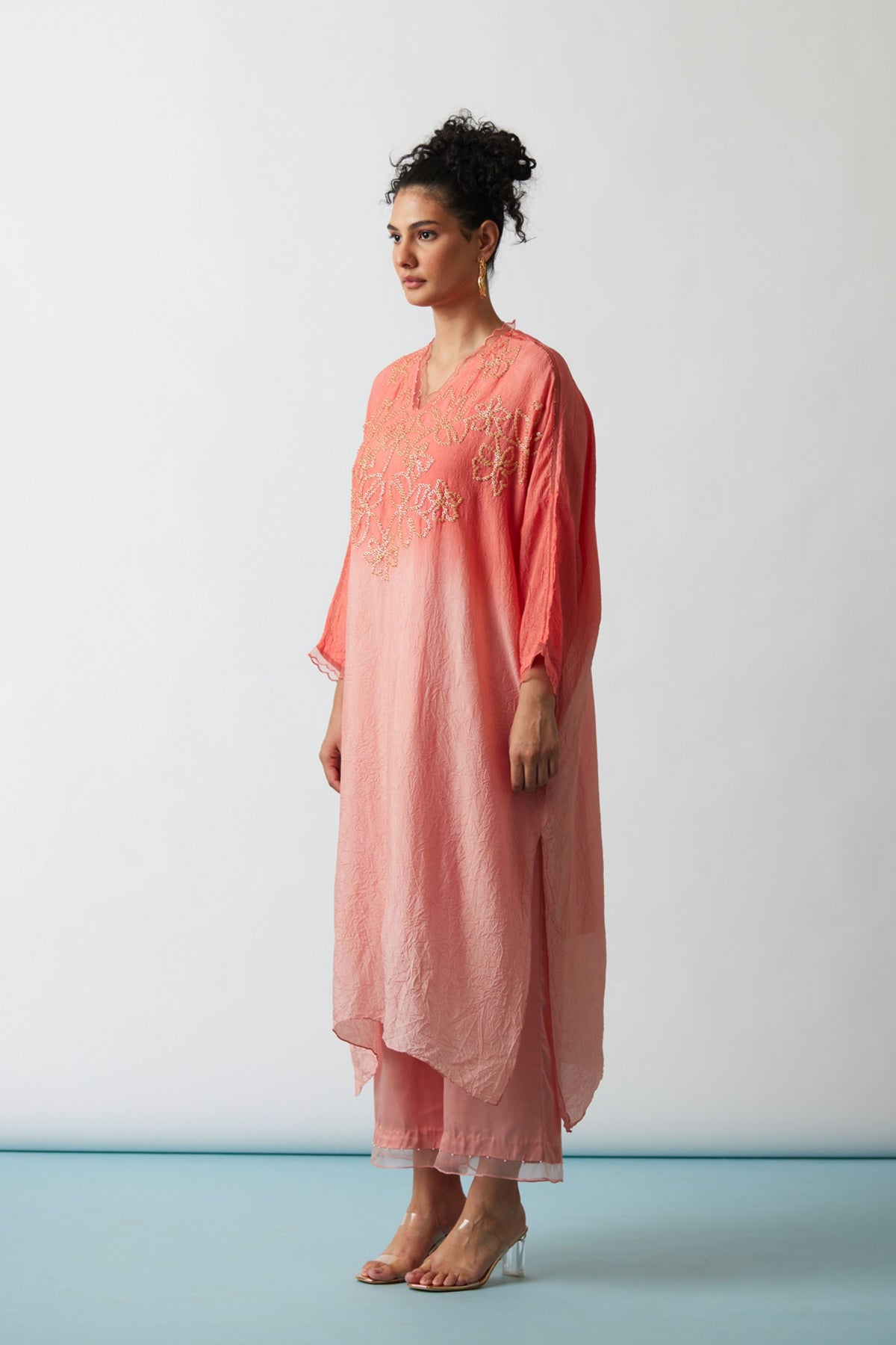 Floral Hand Embroidered Coral Kurta Set