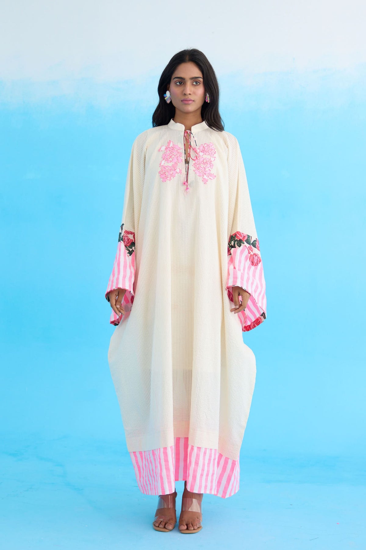 Cream Crouching Applique Kaftan Dress