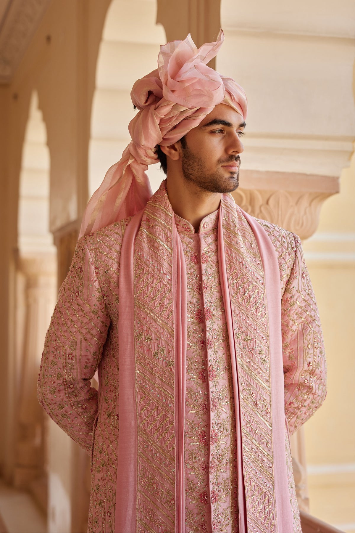 Flamingo Pink Embroidered Sherwani Set