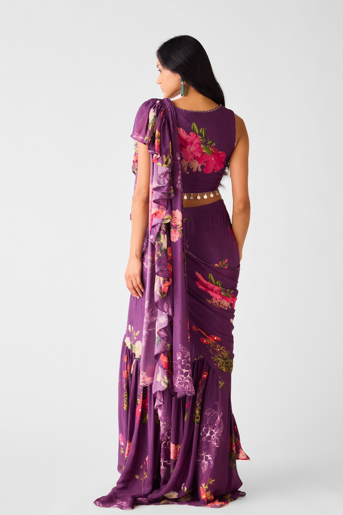 Purple Embroidered Floral Saree Set