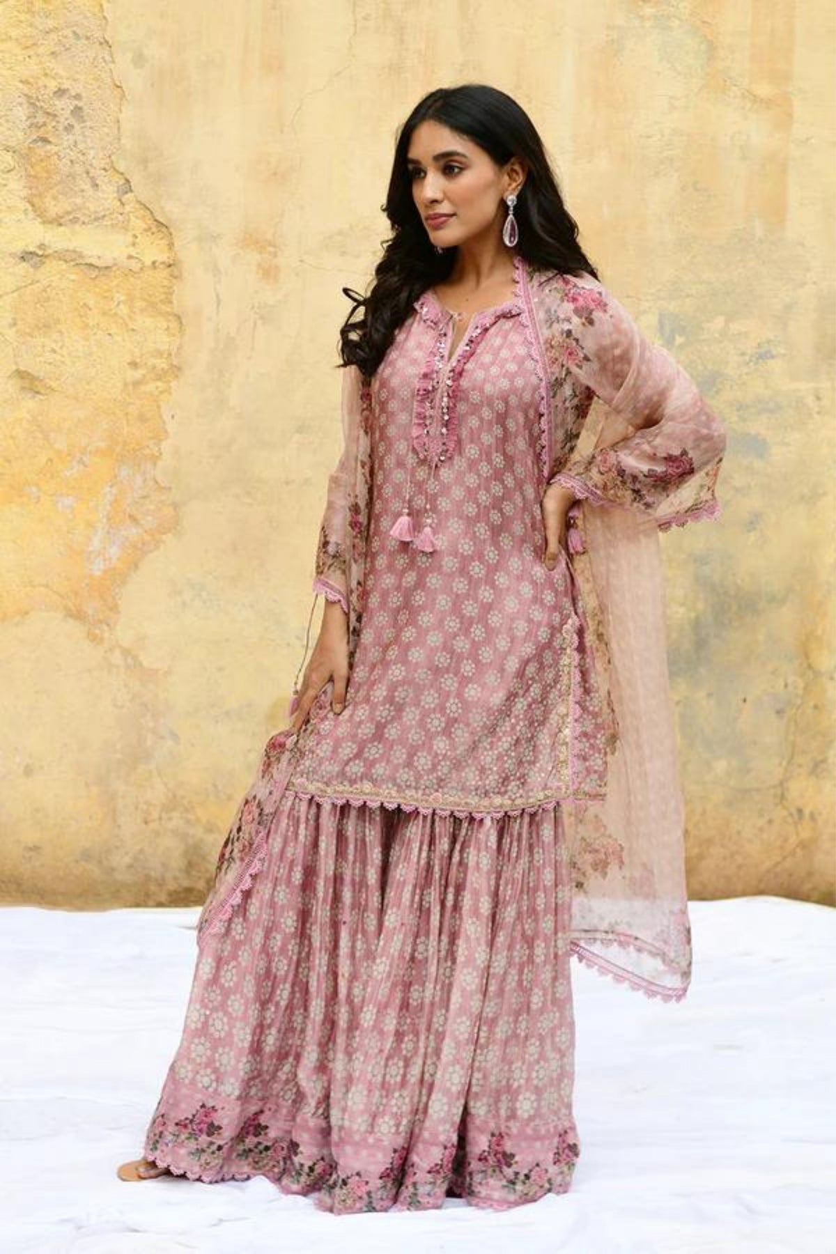 Pink Dotted Cascade Sharara Set