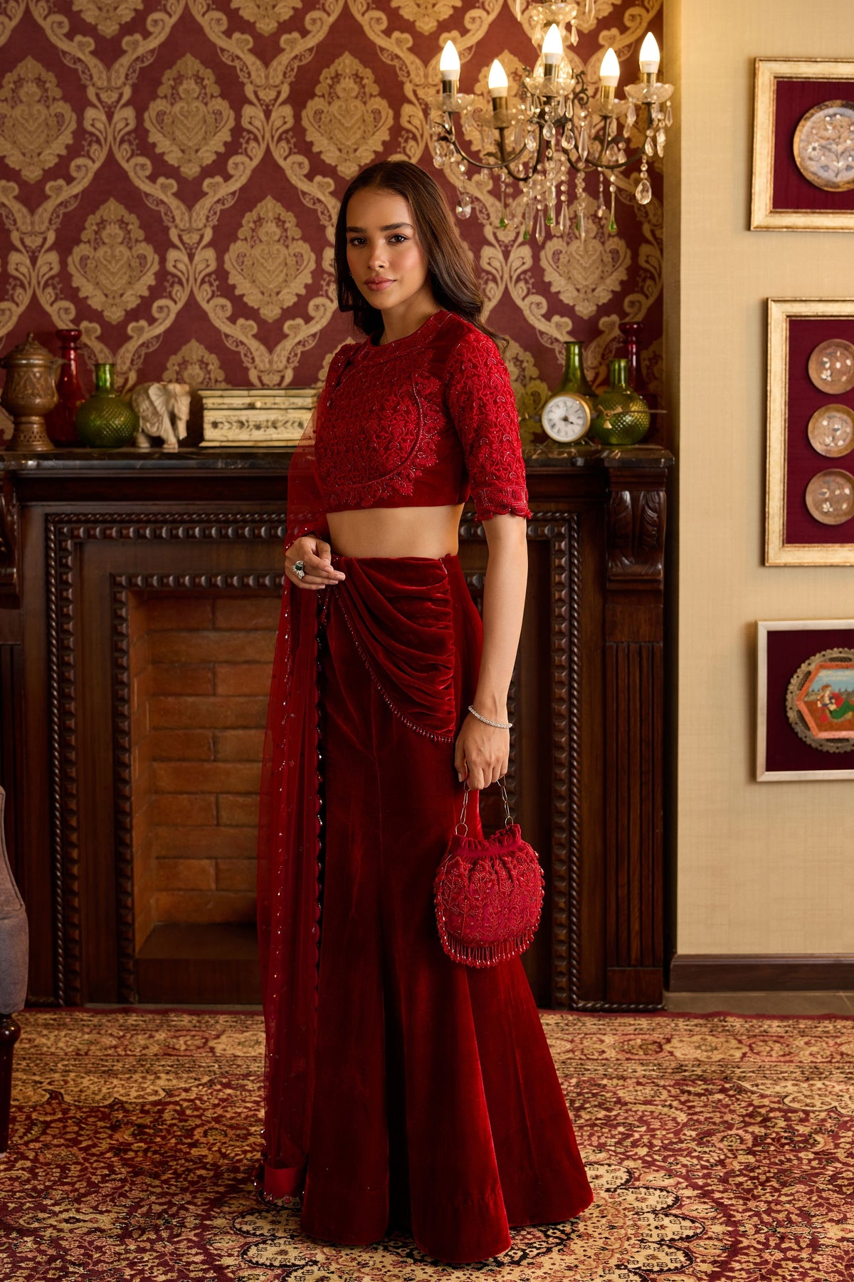 Opulent Red Velvet Lehenga Ensemble