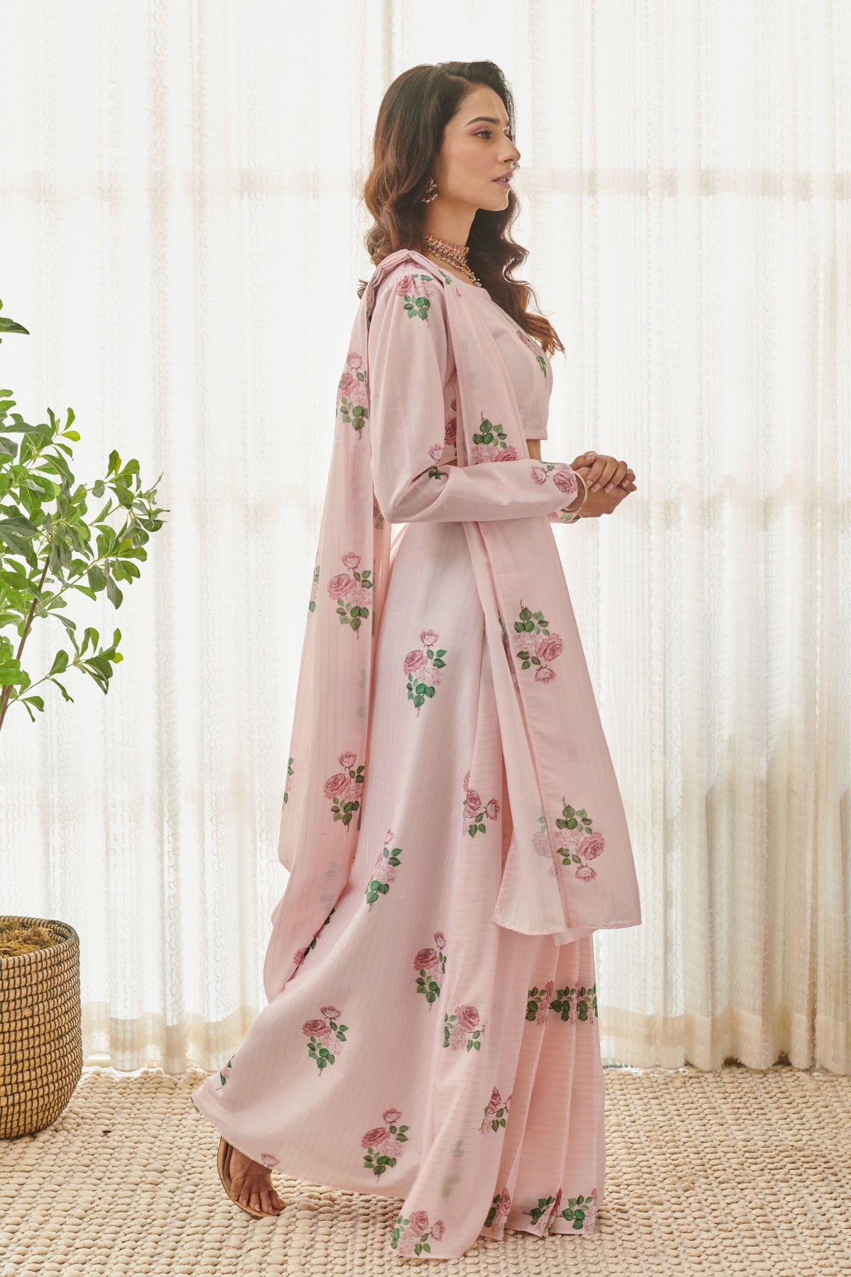 Sweet Pink Pre-drape Saree Set