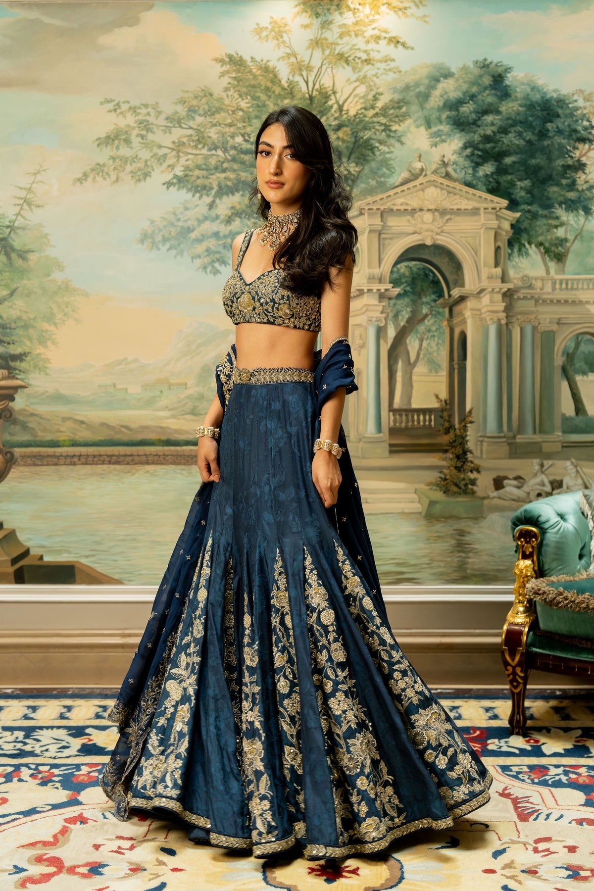 Blue Self Woven Kali Embroidered Lehenga Set