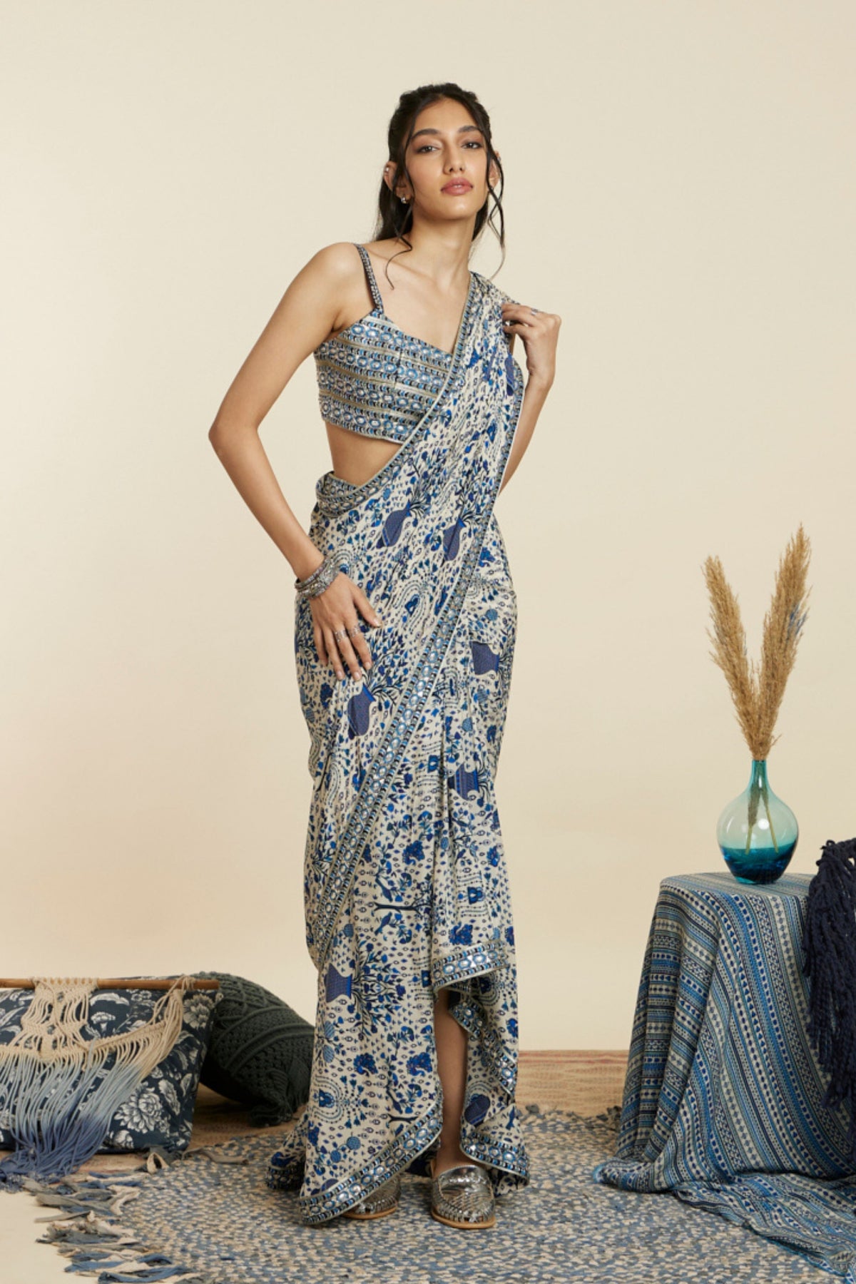 Safar Blue Jaal Print Cascade Saree