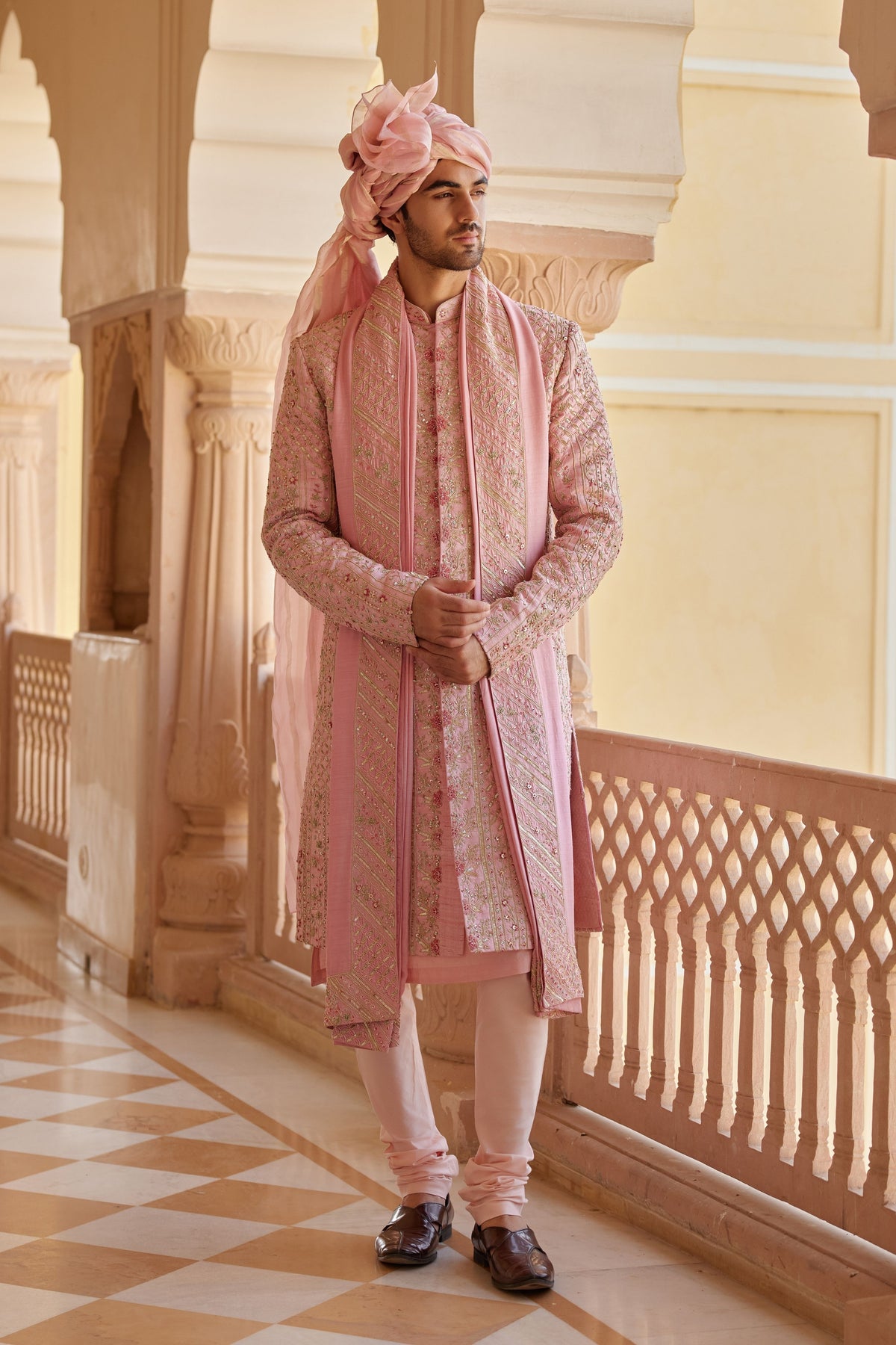 Flamingo Pink Embroidered Sherwani Set