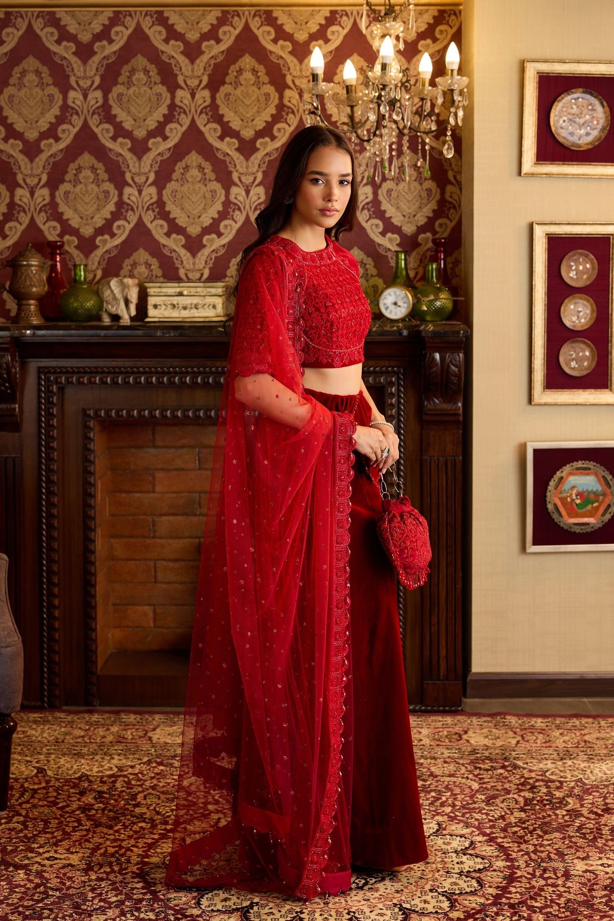 Opulent Red Velvet Lehenga Ensemble